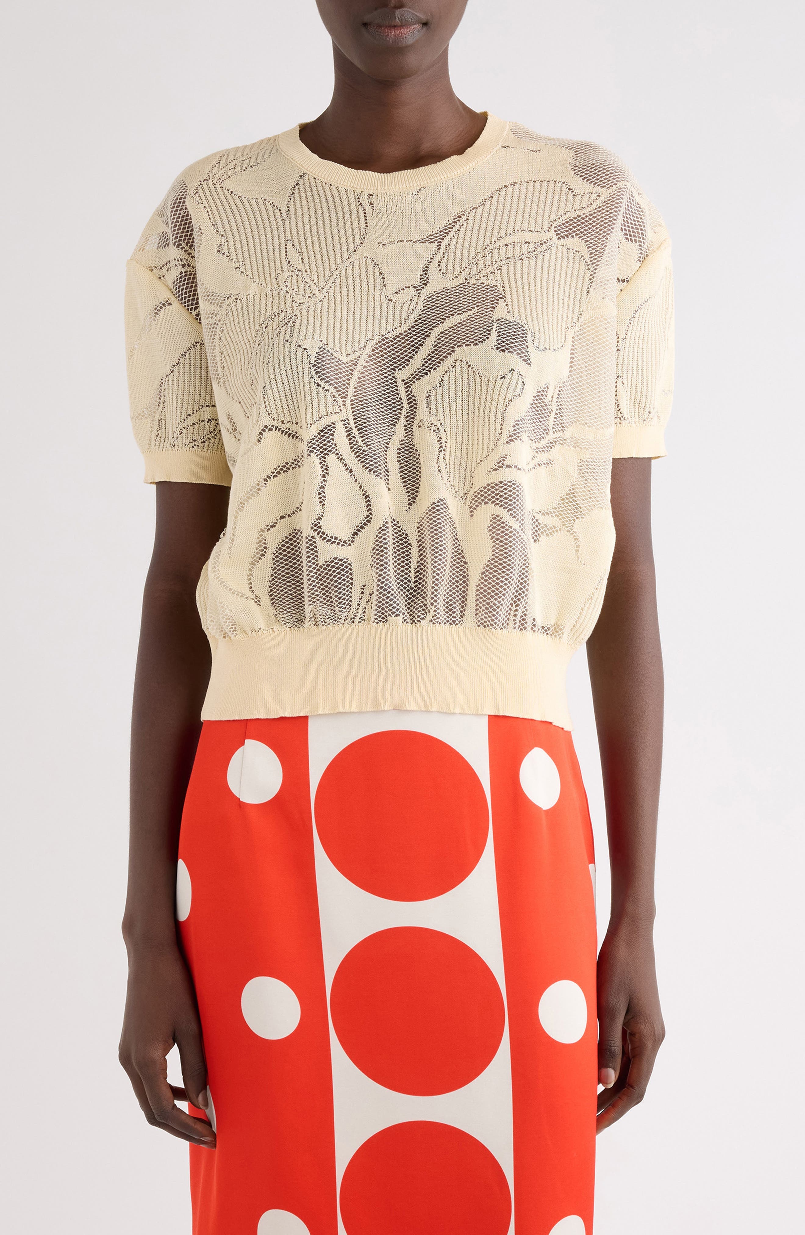 Floral Pattern Mixed Stitch Crewneck Sweater - image 3