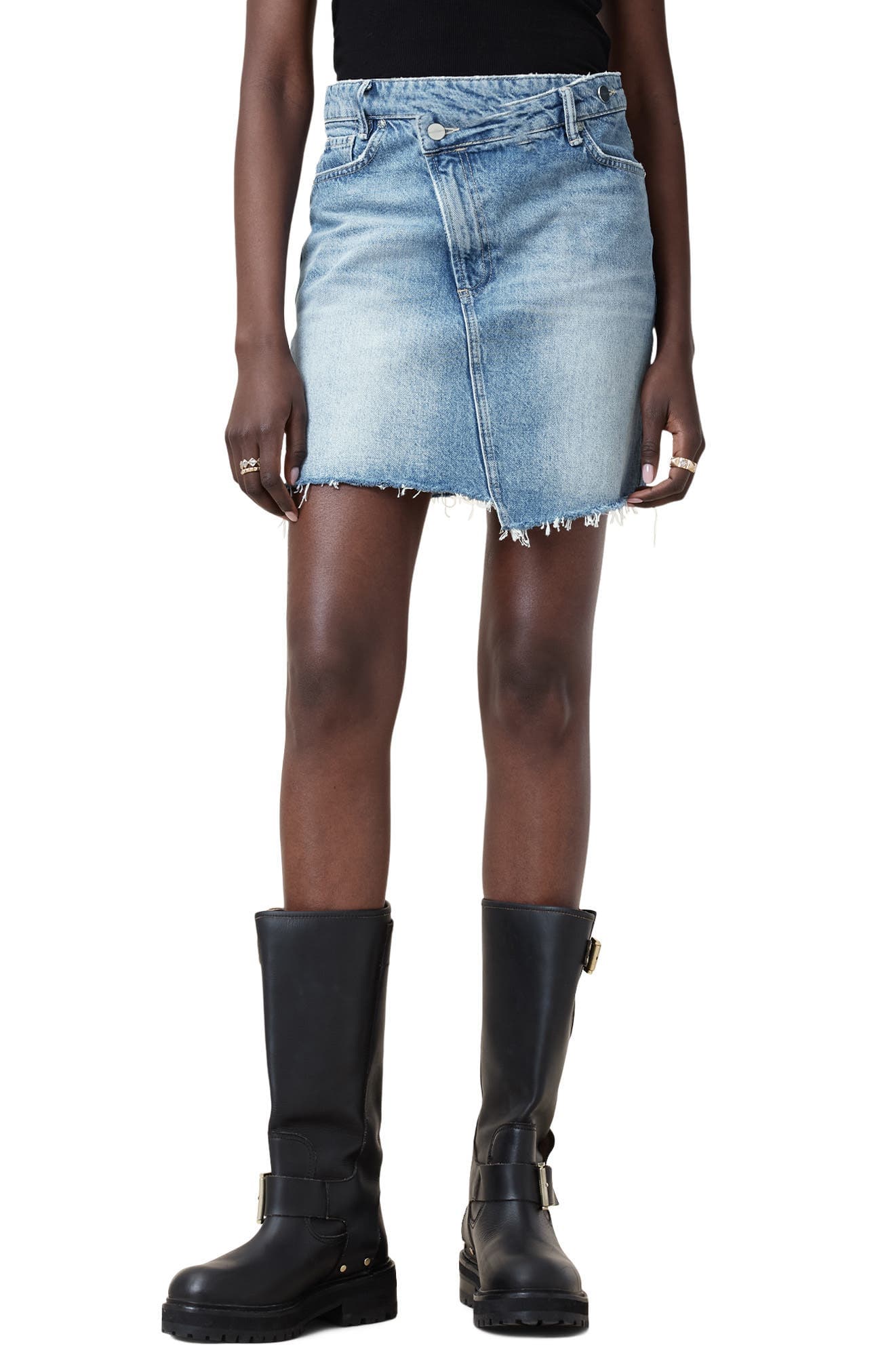 Aki Fray Hem Crossover Denim Miniskirt - image 1