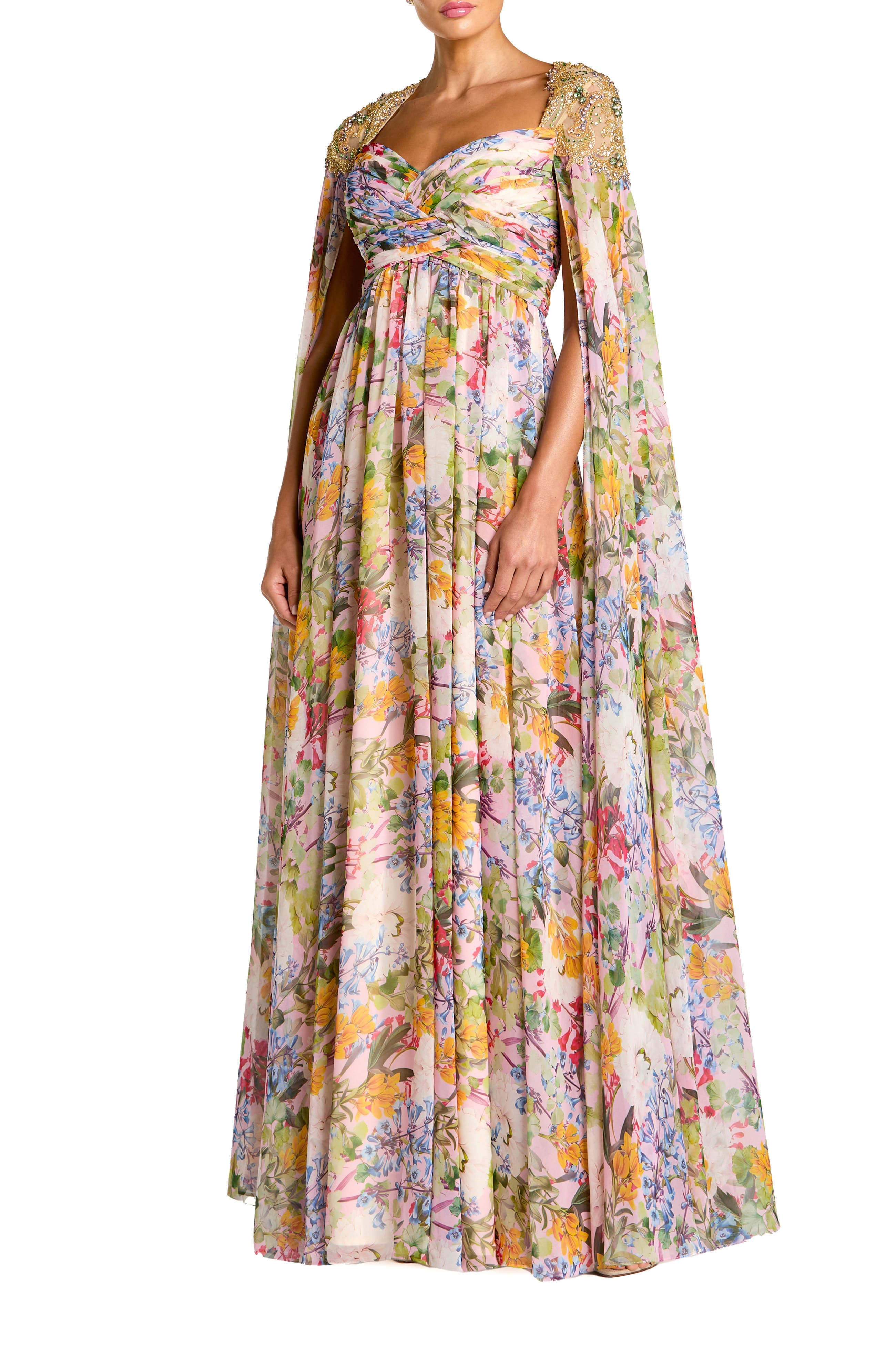 Printed Chiffon Gown With Beaded Cape Sleeves - image 1