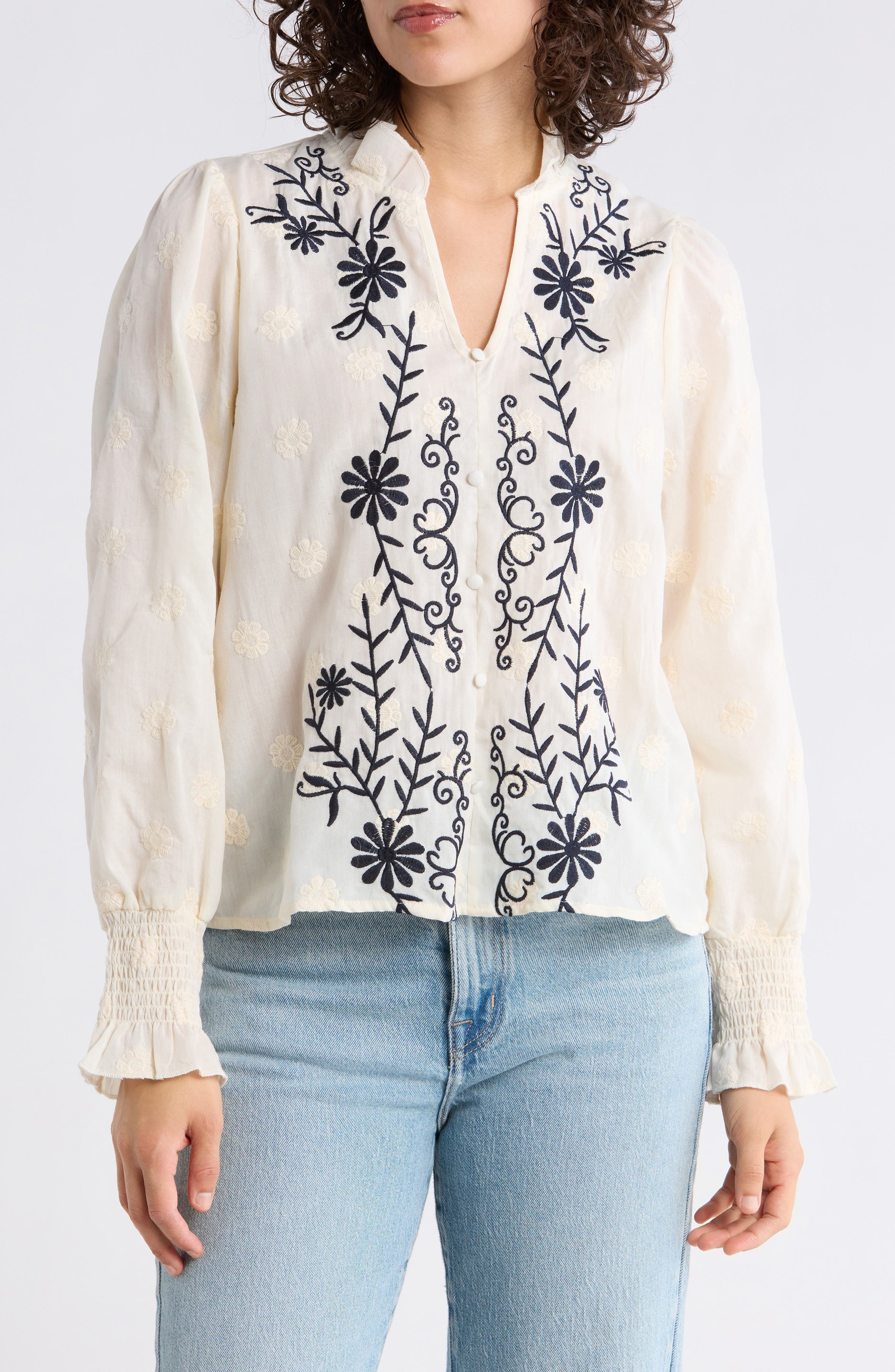 Floral Embroidered Smocked Cuff Top - image 5