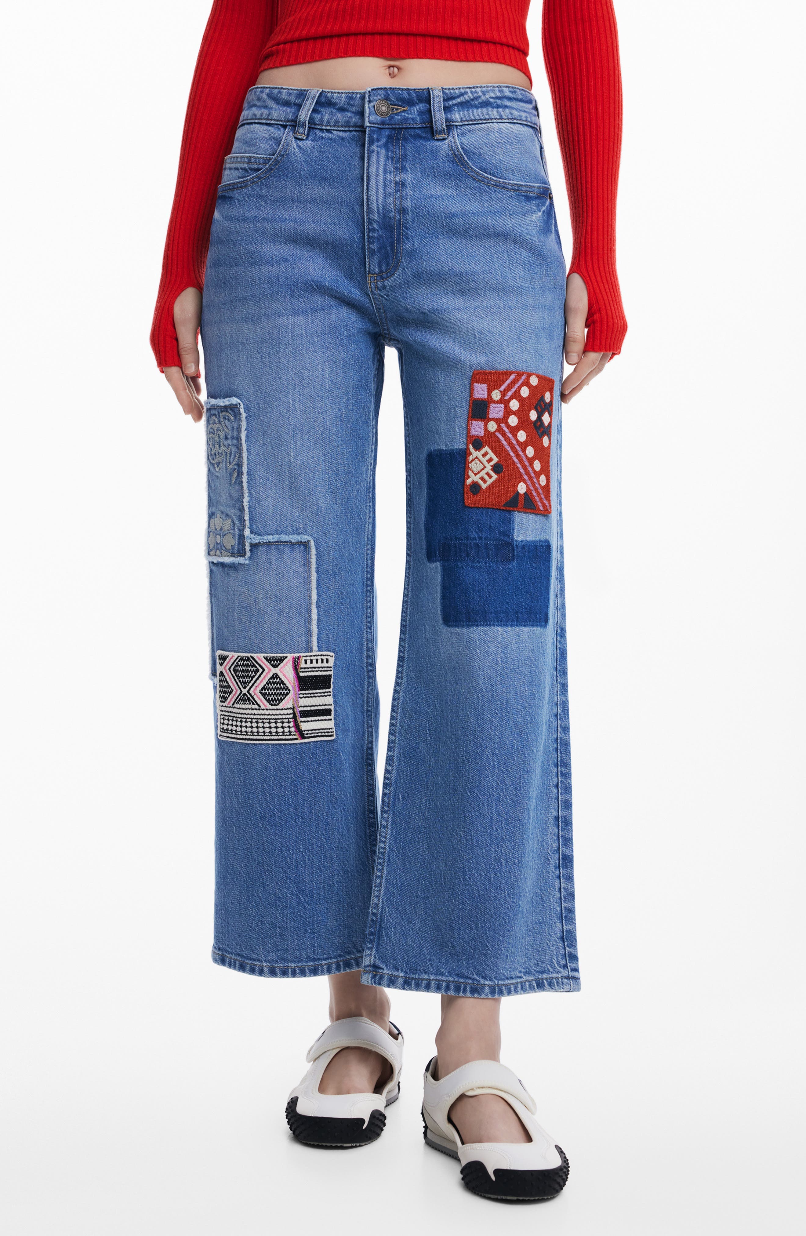 Embroidered Patch Crop Straight Leg Jeans - image 1