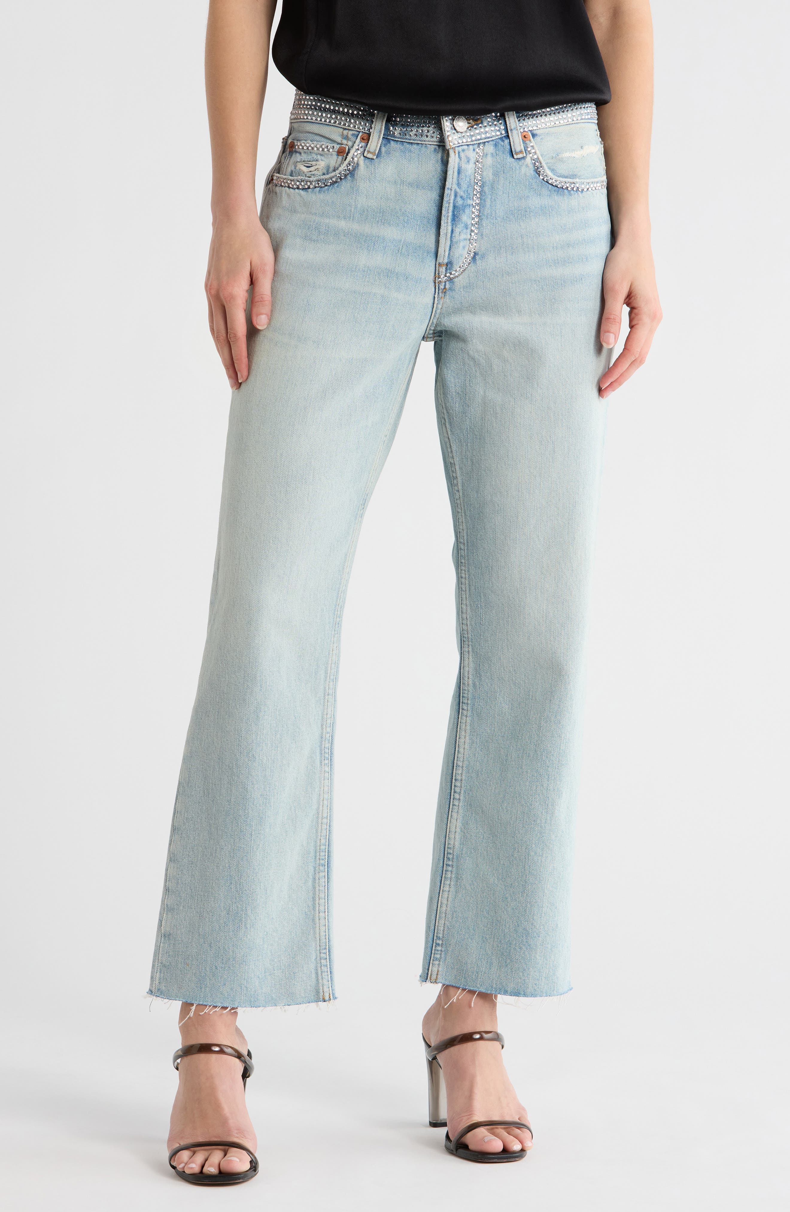 Rhinestone Detail High Waist Crop Straight Leg Jeans - image 1