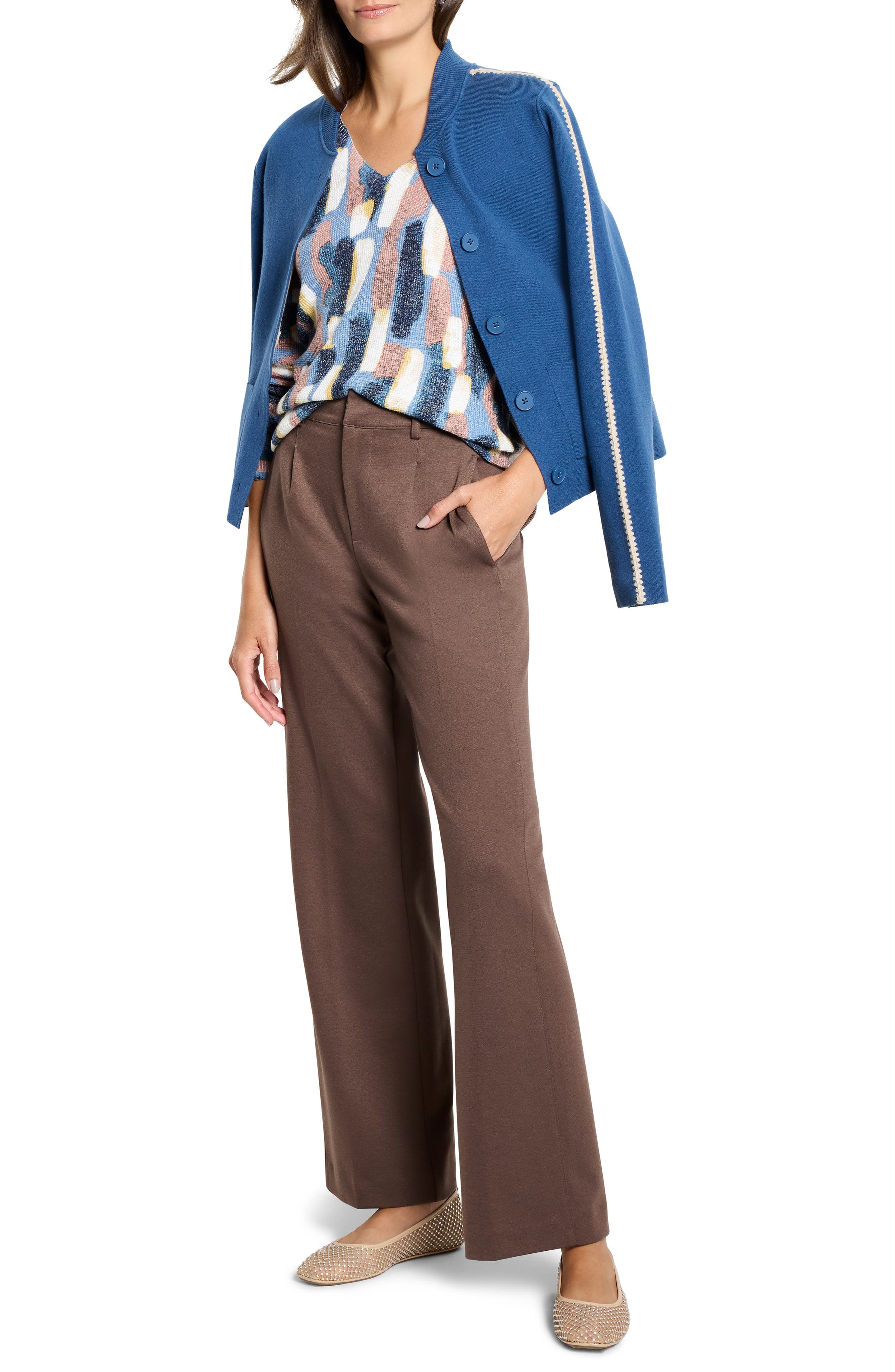 Brushstrokes Waffle Stitch V-Neck Sweater - image 2