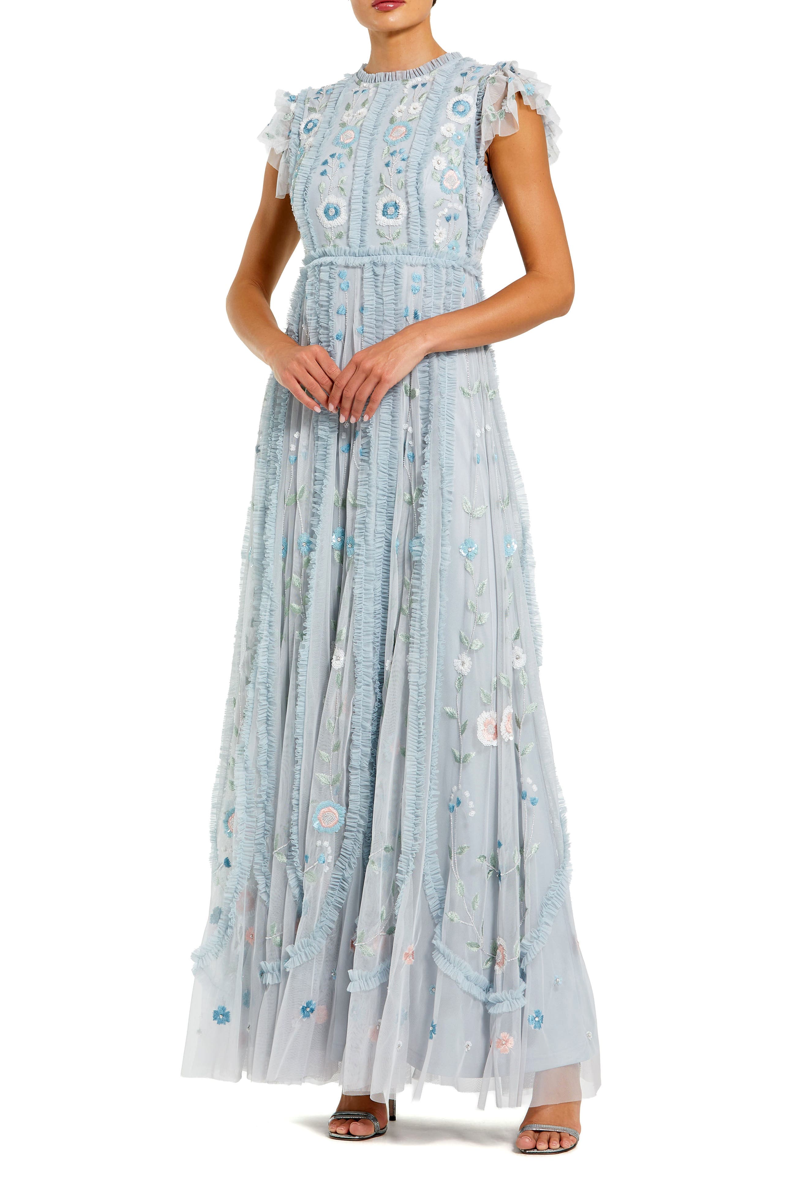 Floral Embroidered Flutter Sleeve Maxi Gown - image 1