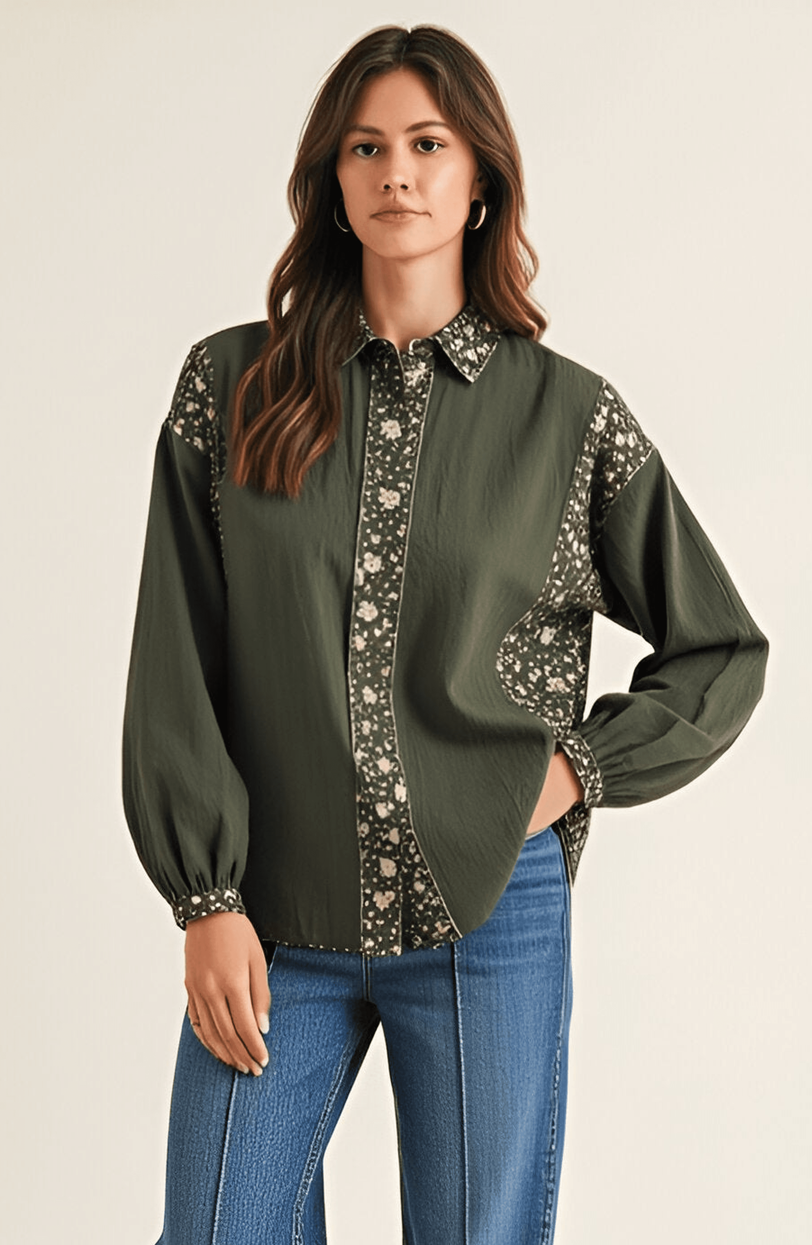Long Sleeve Floral Print Trim Button Up Shirt - image 1