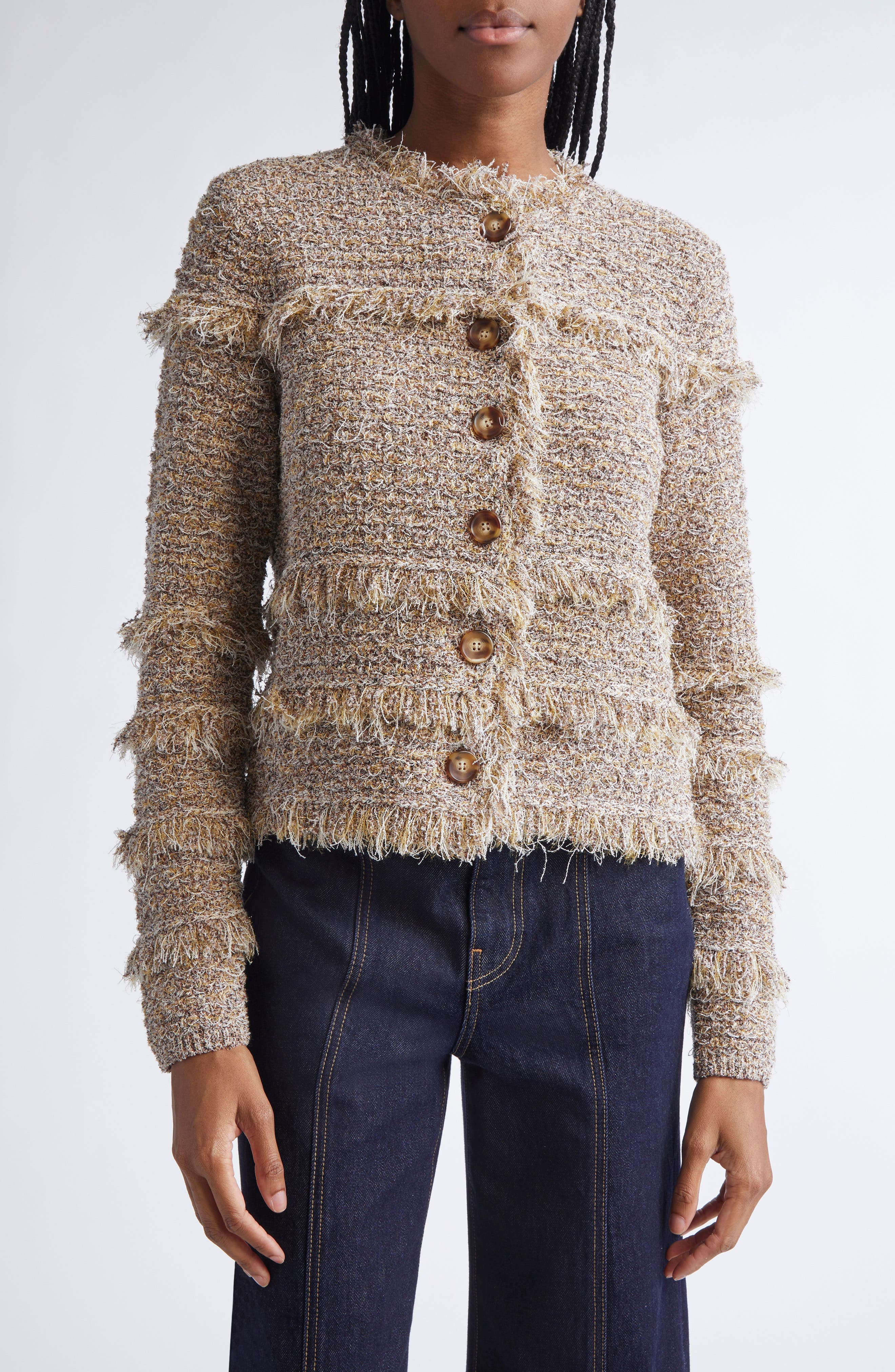 Gita Fringe Detail Metallic Tweed Jacket - image 1