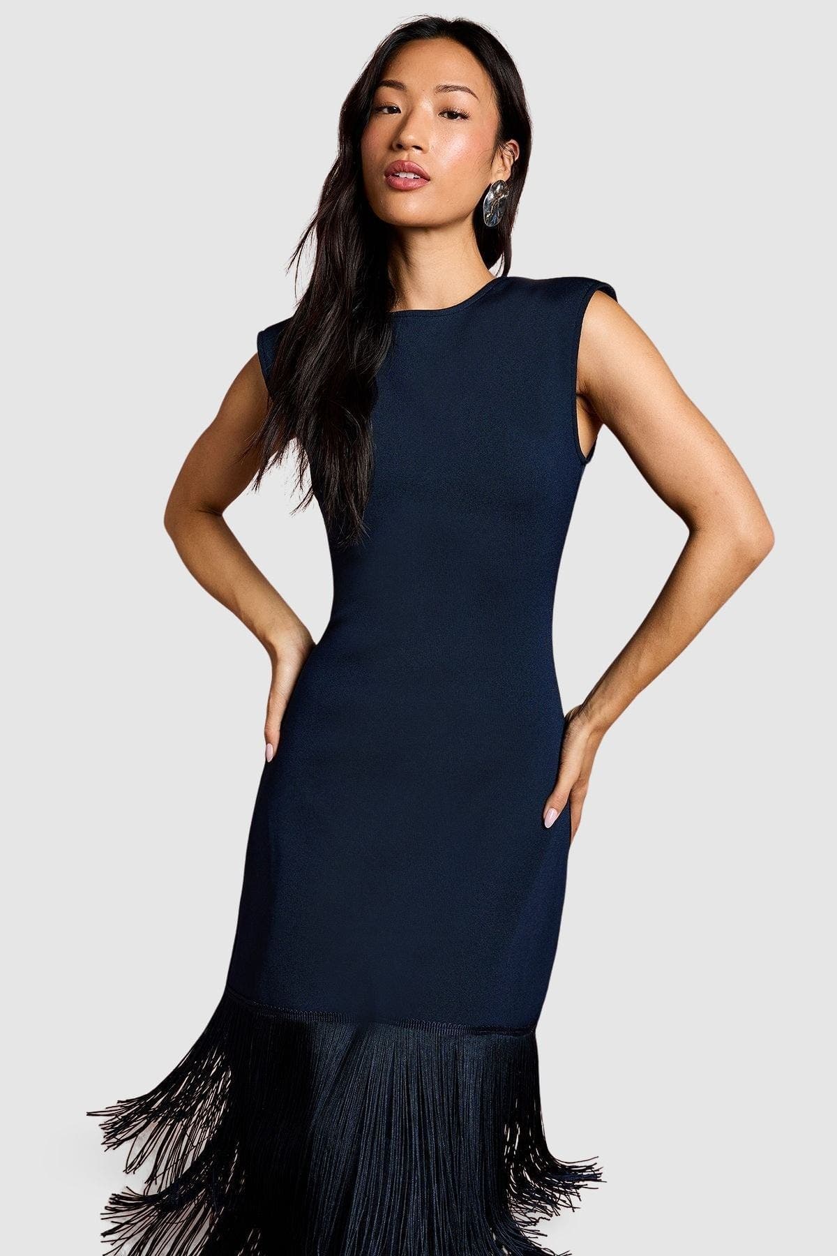 Bandage Knit Fringed Hem Midi Dress - image 2