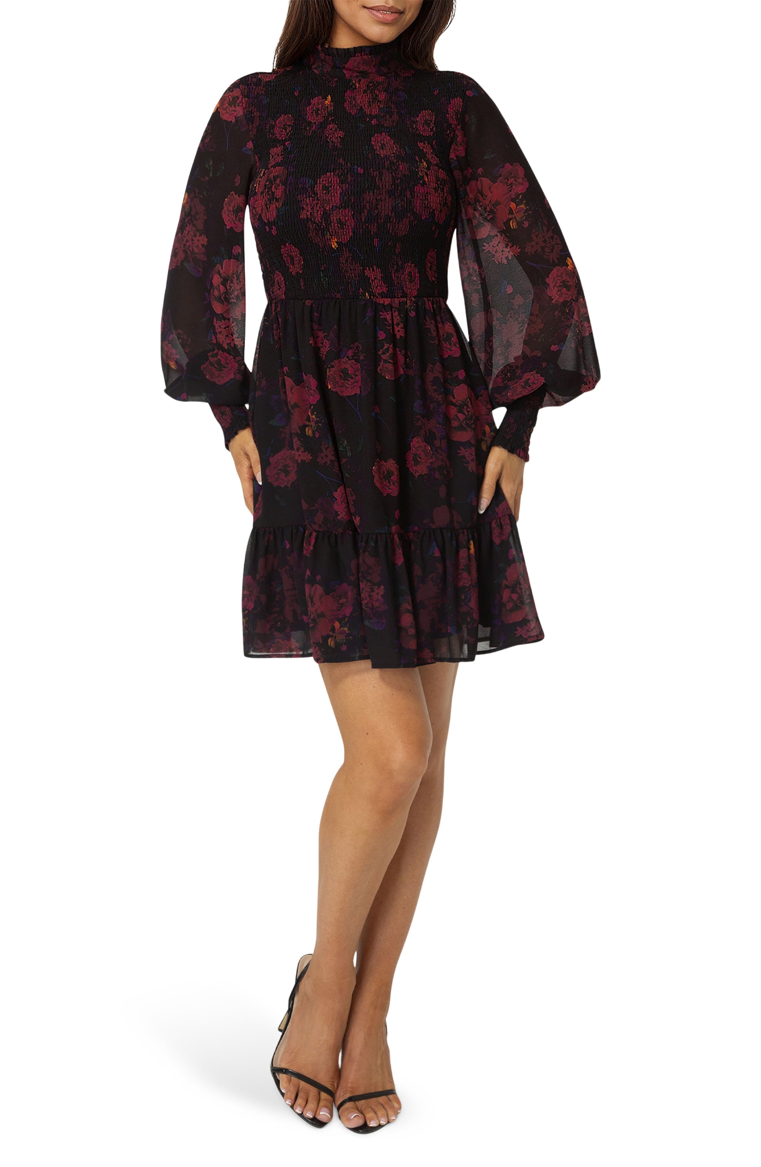 Floral Smocked Long Sleeve Chiffon Minidress - image 1