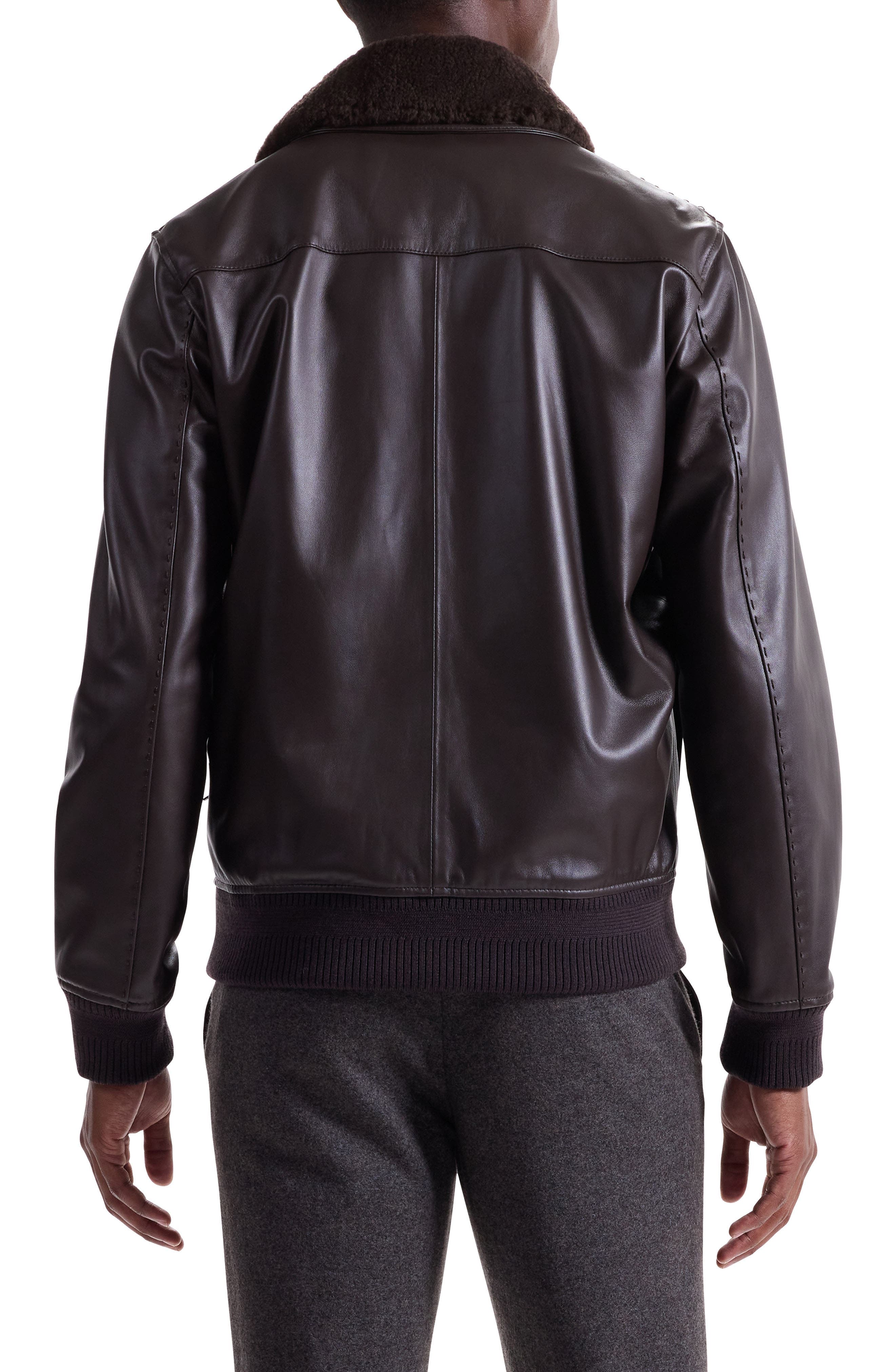Leather Bomber Jacket with Removable Genuine Shearling Collar - image 2