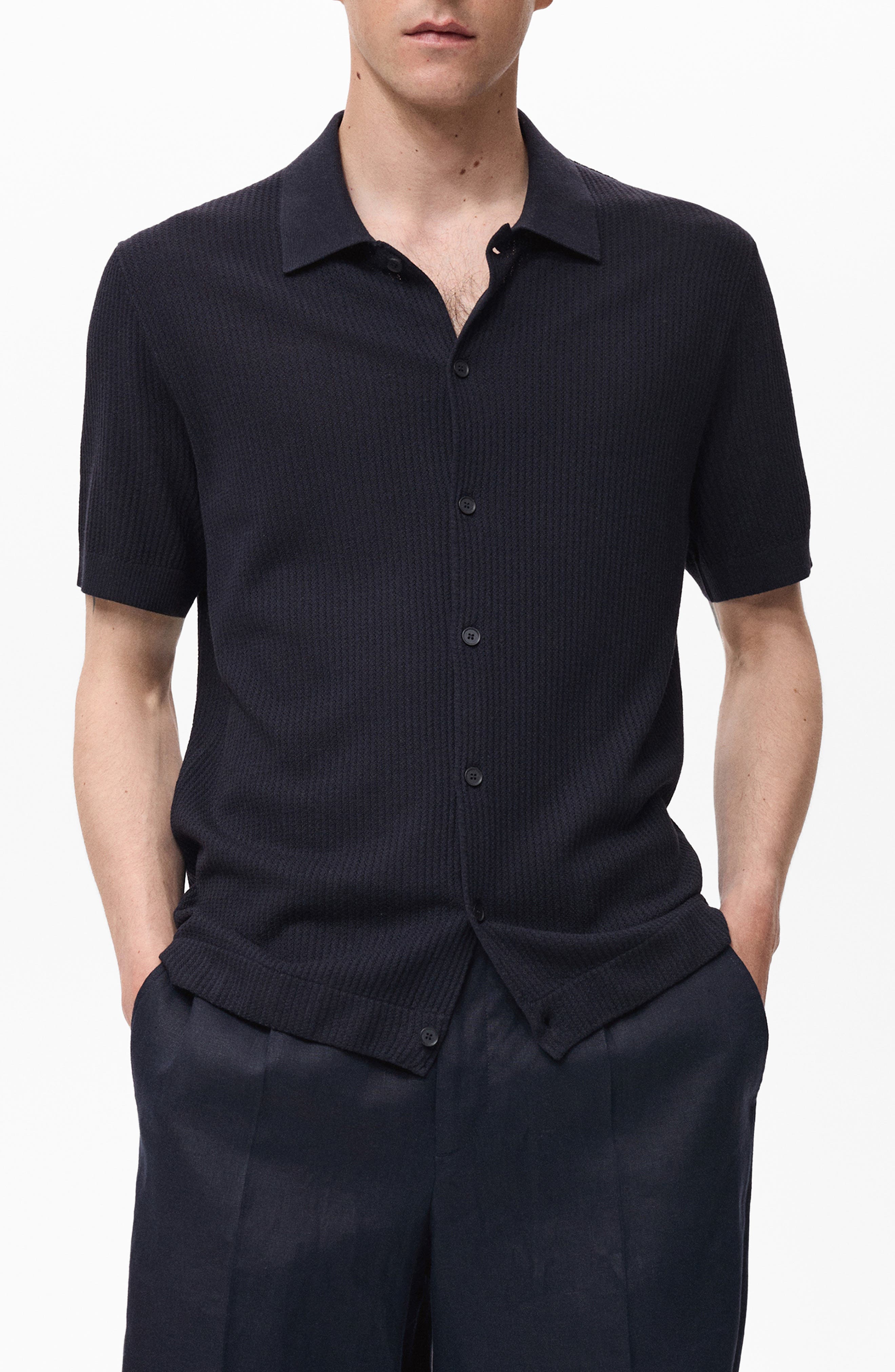 Short Sleeve Rib-Knit Button-Up Shirt - image 1