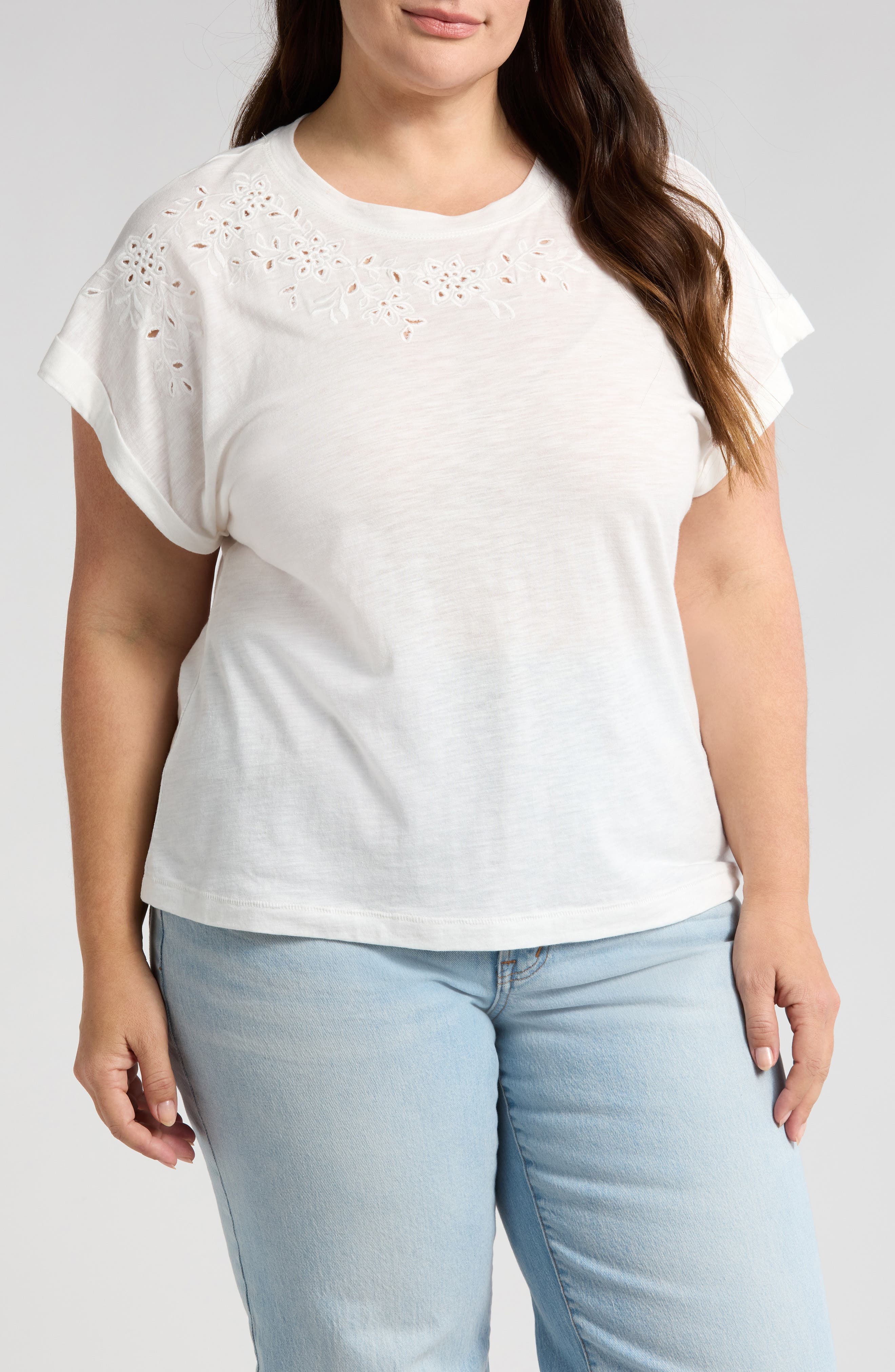 Embroidered Eyelet Cap Sleeve T-Shirt - image 1