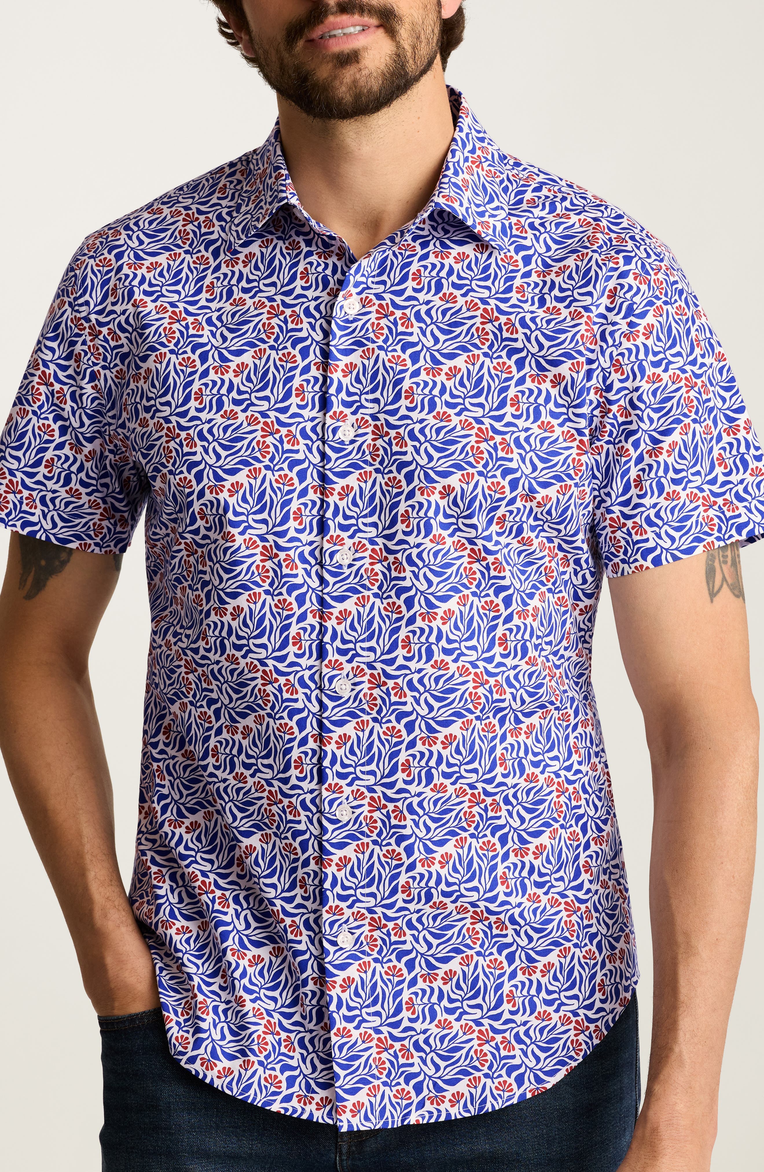 Riviera Slim Fit Floral Short Sleeve Stretch Cotton Button-Up Shirtr - image 1