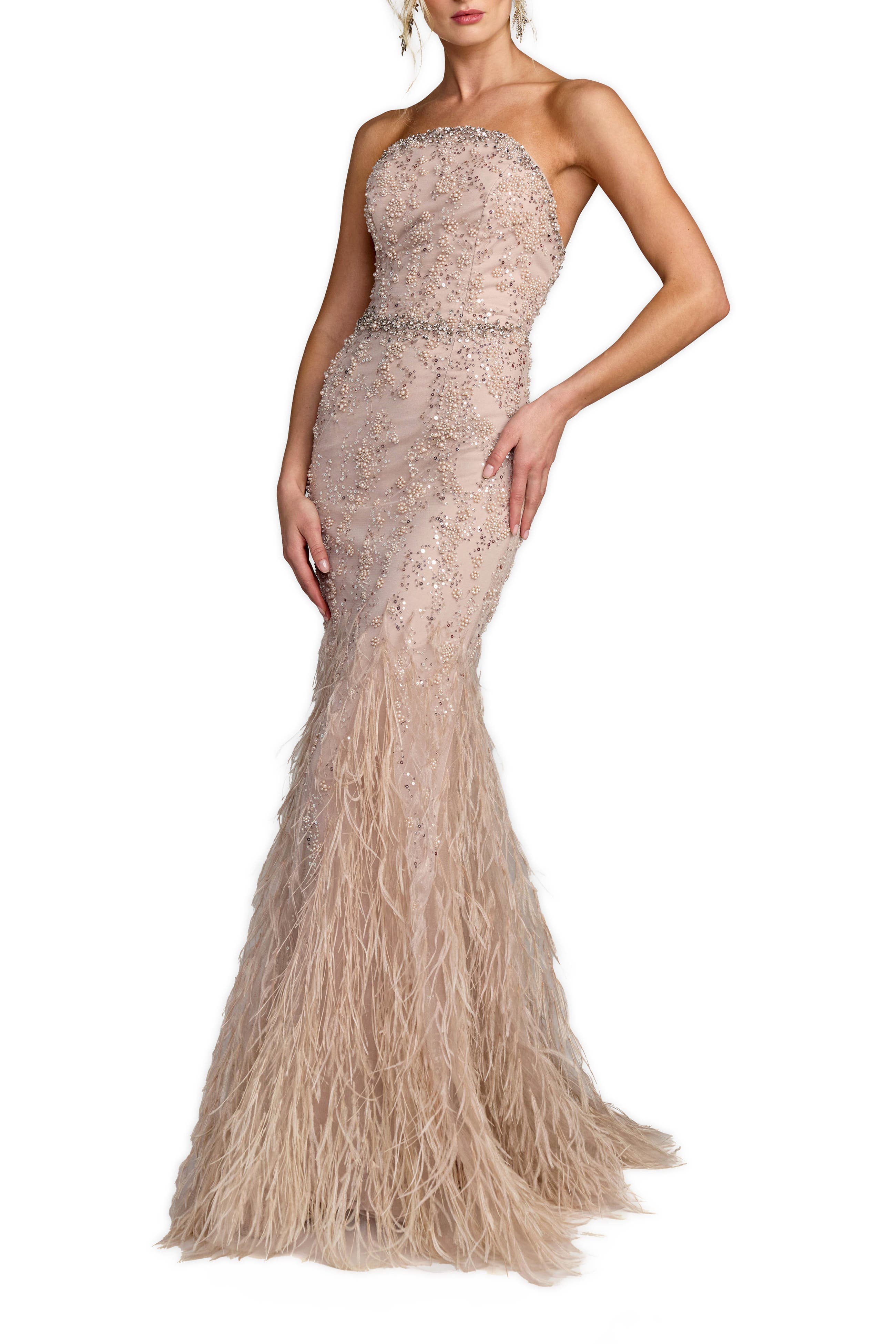 Strapless Beaded Net Trumpet Gown With Feathers - image 1
