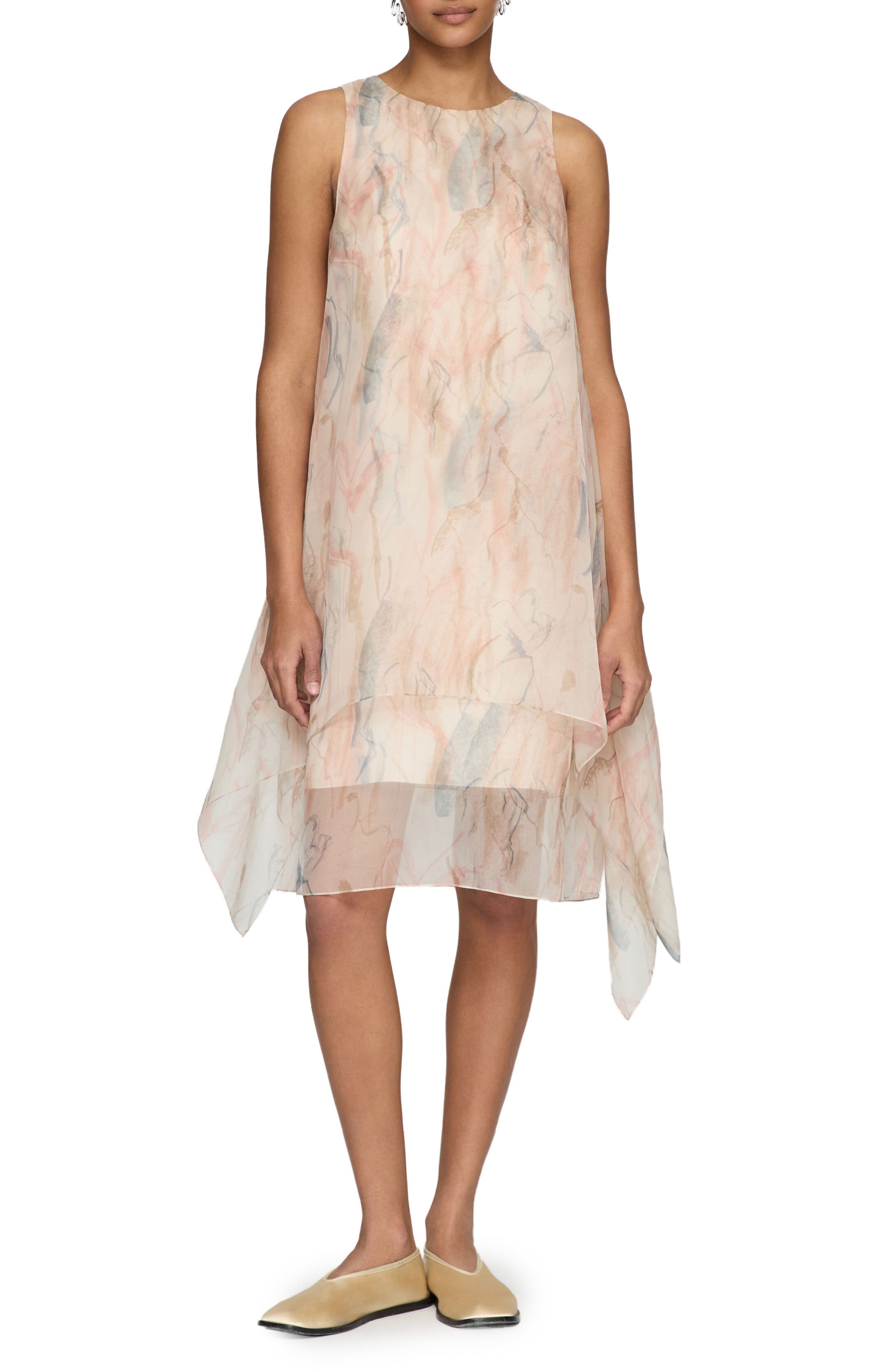 Gesture Print Layered Handkerchief Hem Silk Organza Dress - image 1