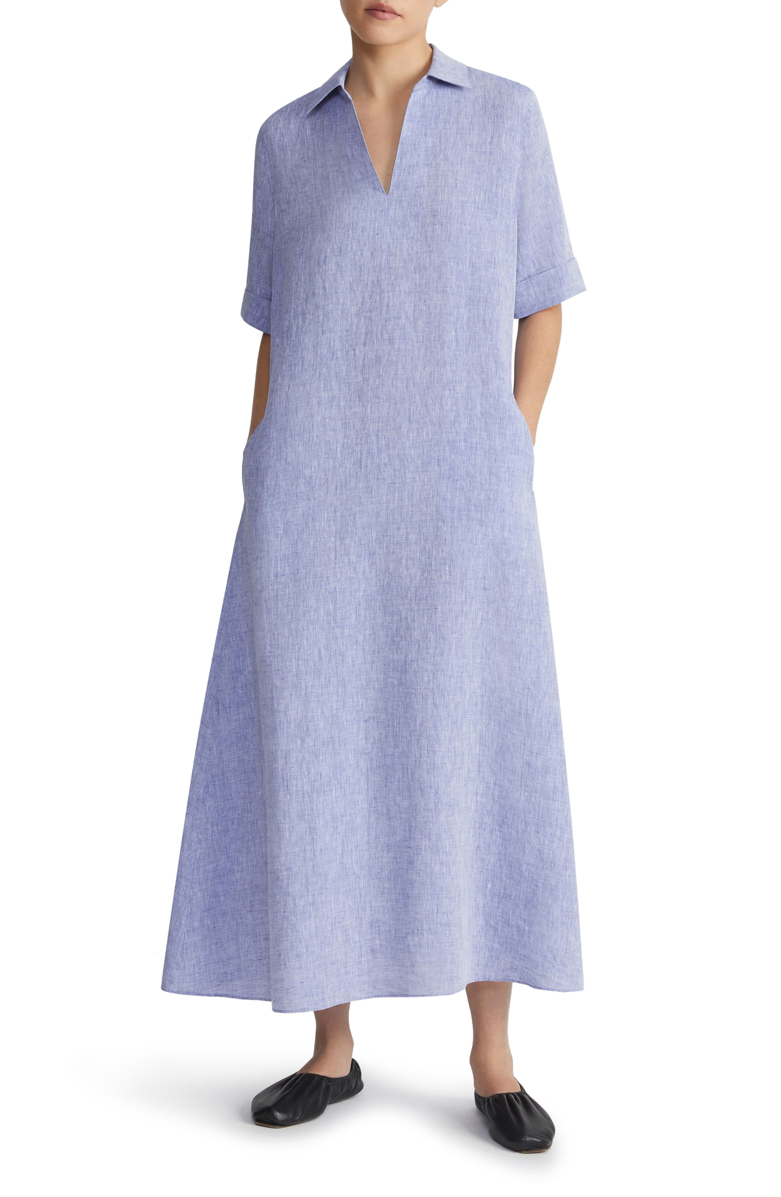 Short Sleeve Linen Popover Midi Dress - image 1