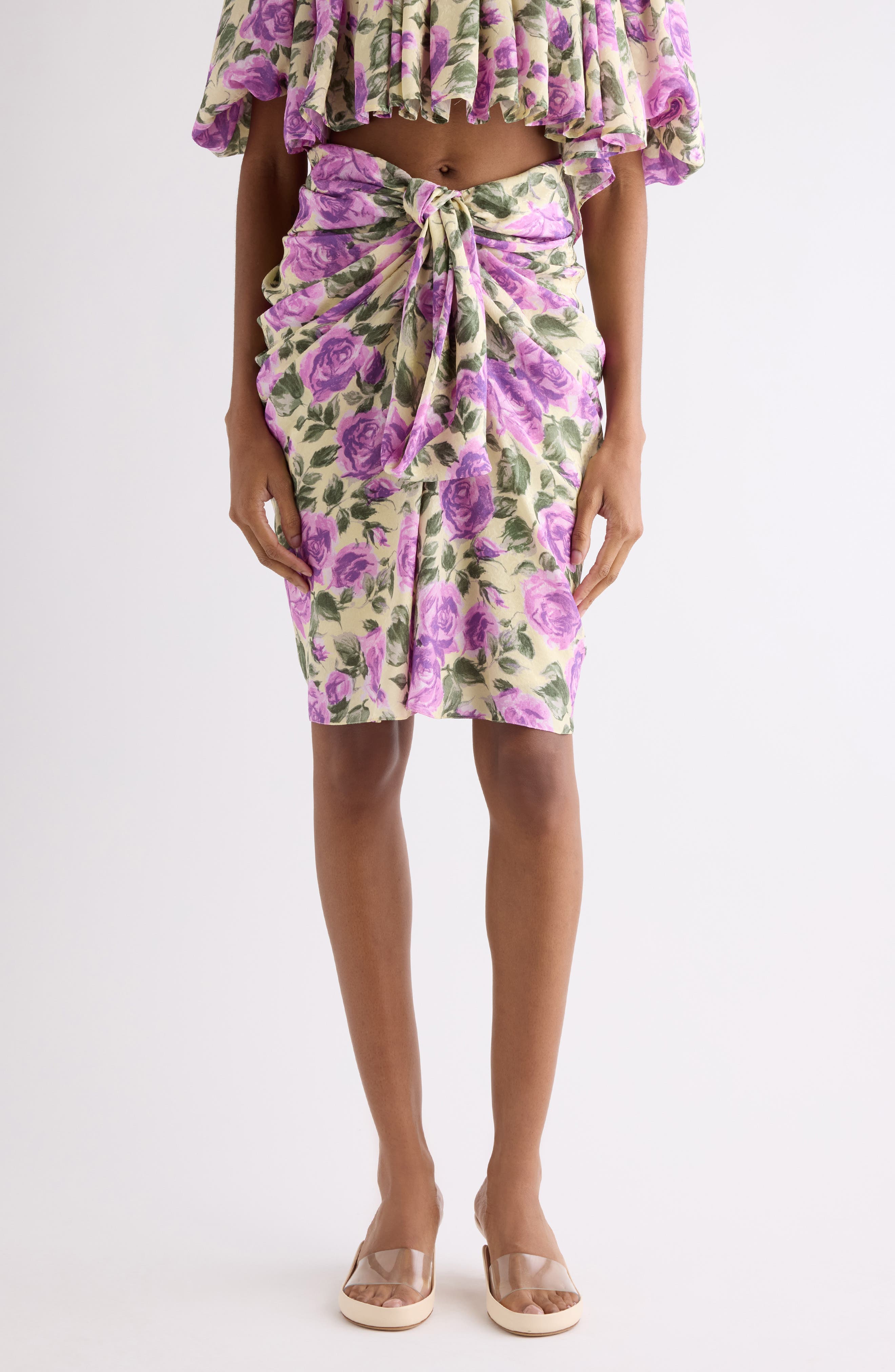 Rose Print Gathered Silk Satin Skirt - image 1
