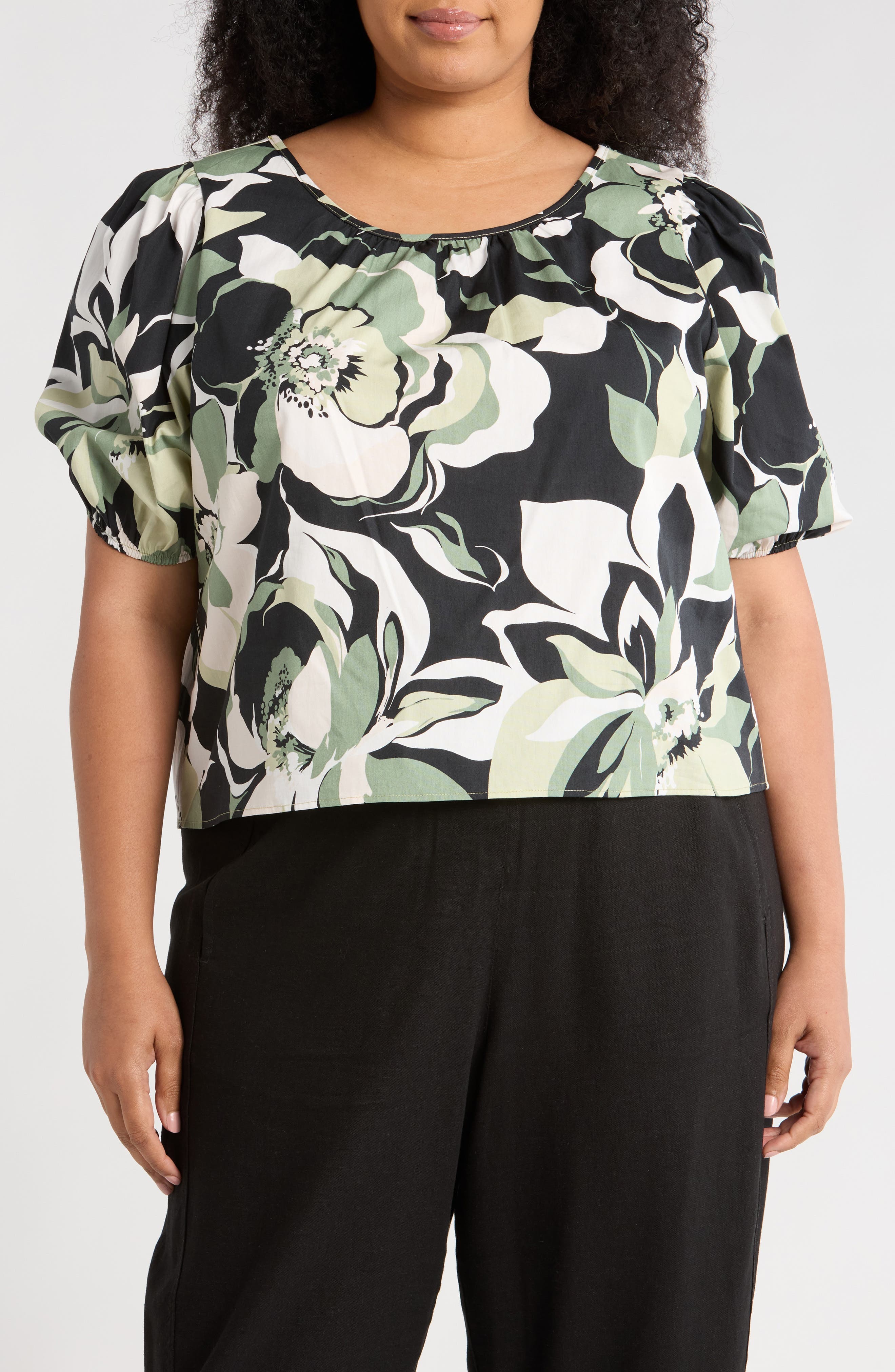 Floral Puff Sleeve Stretch Cotton Top - image 1