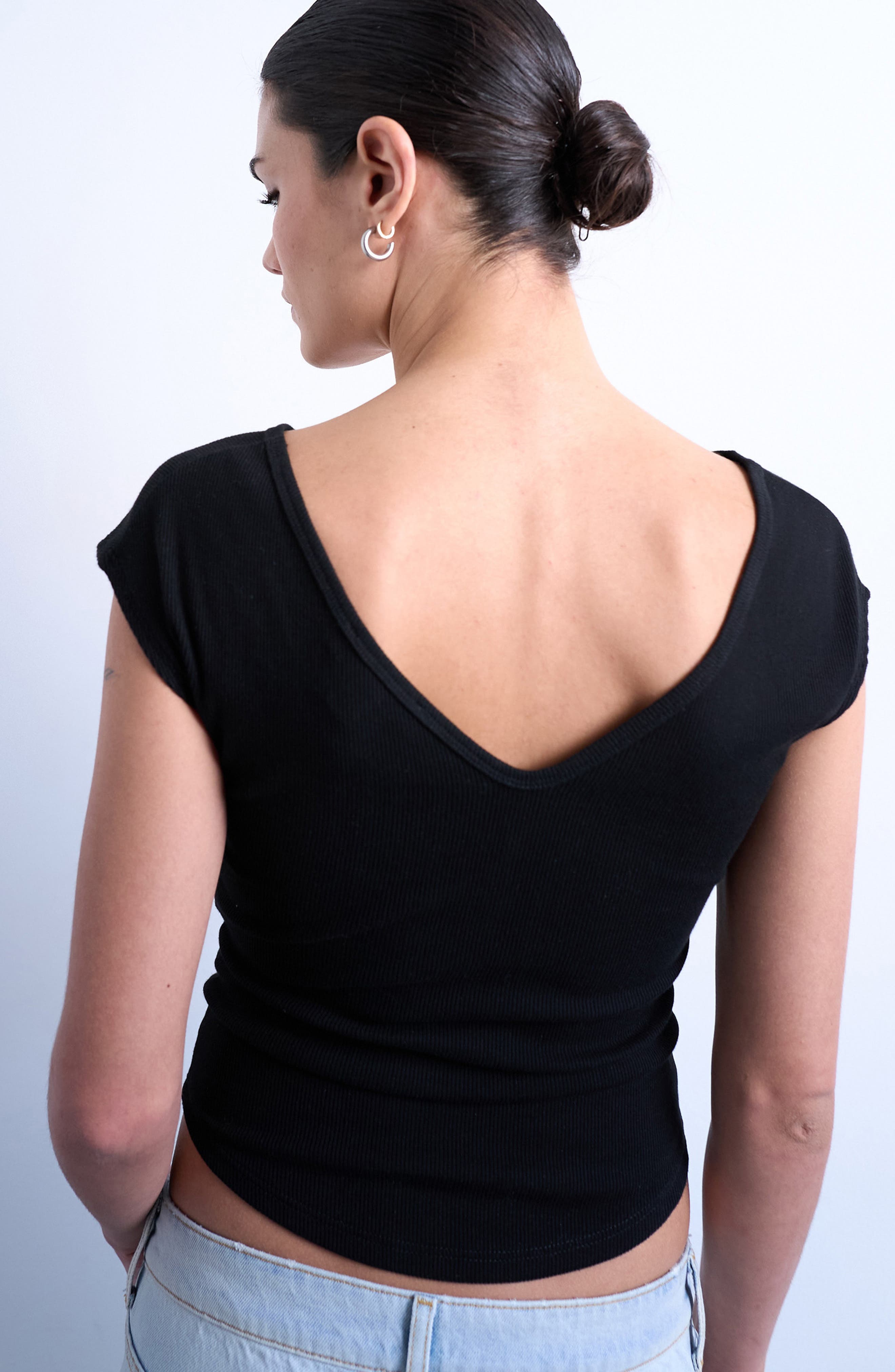 V-Neck Cap Sleeve Crop Stretch Cotton Rib Top - image 2