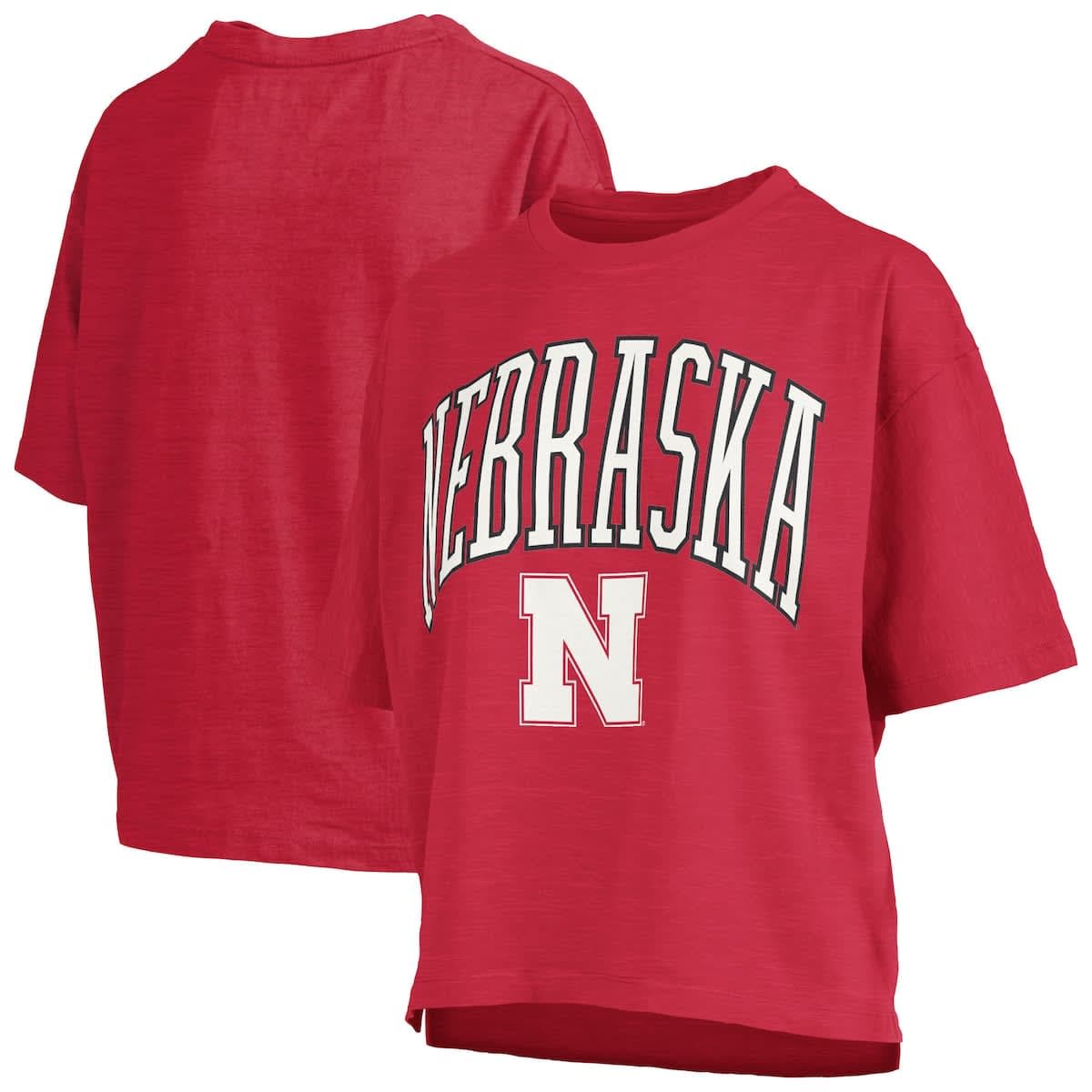 Women's Pressbox Scarlet Nebraska Huskers Nelson Arch Over Logo Waist Length Oversized Slub T-Shirt - image 1