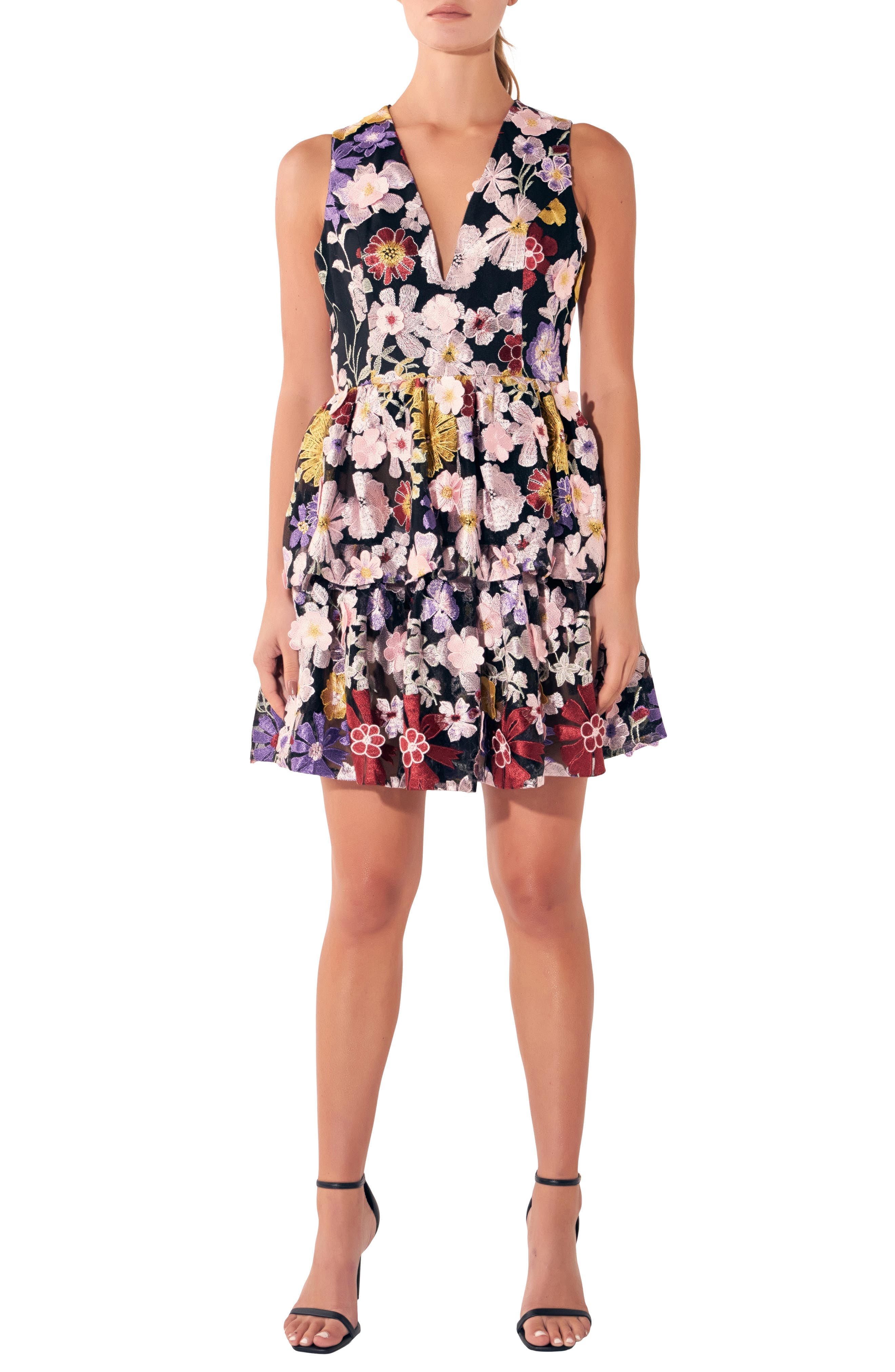 Tiered Embroidered Velvet Fit & Flare Minidress - image 1