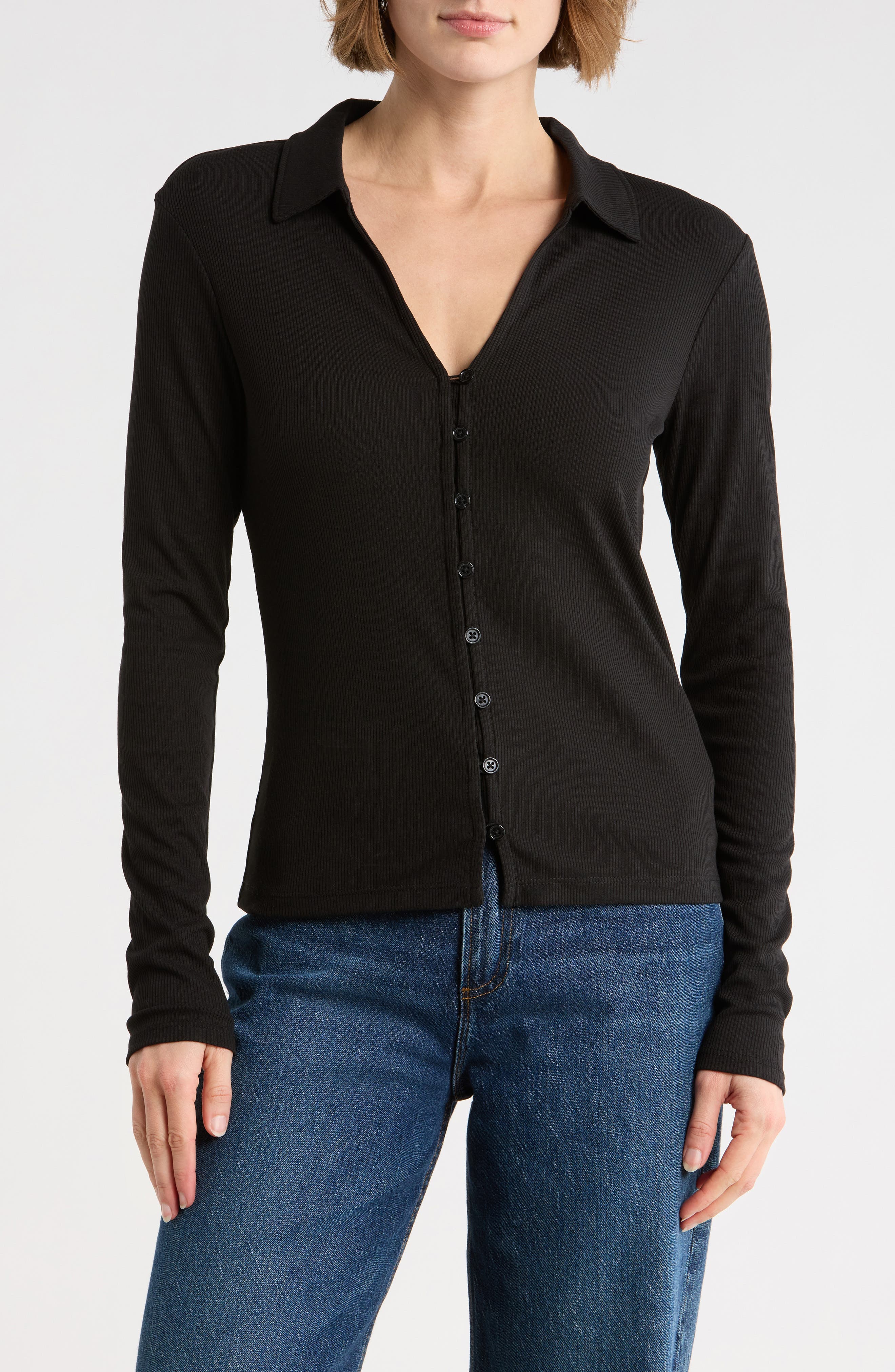 Johnny Collar Long Sleeve Button-Up Top - image 1