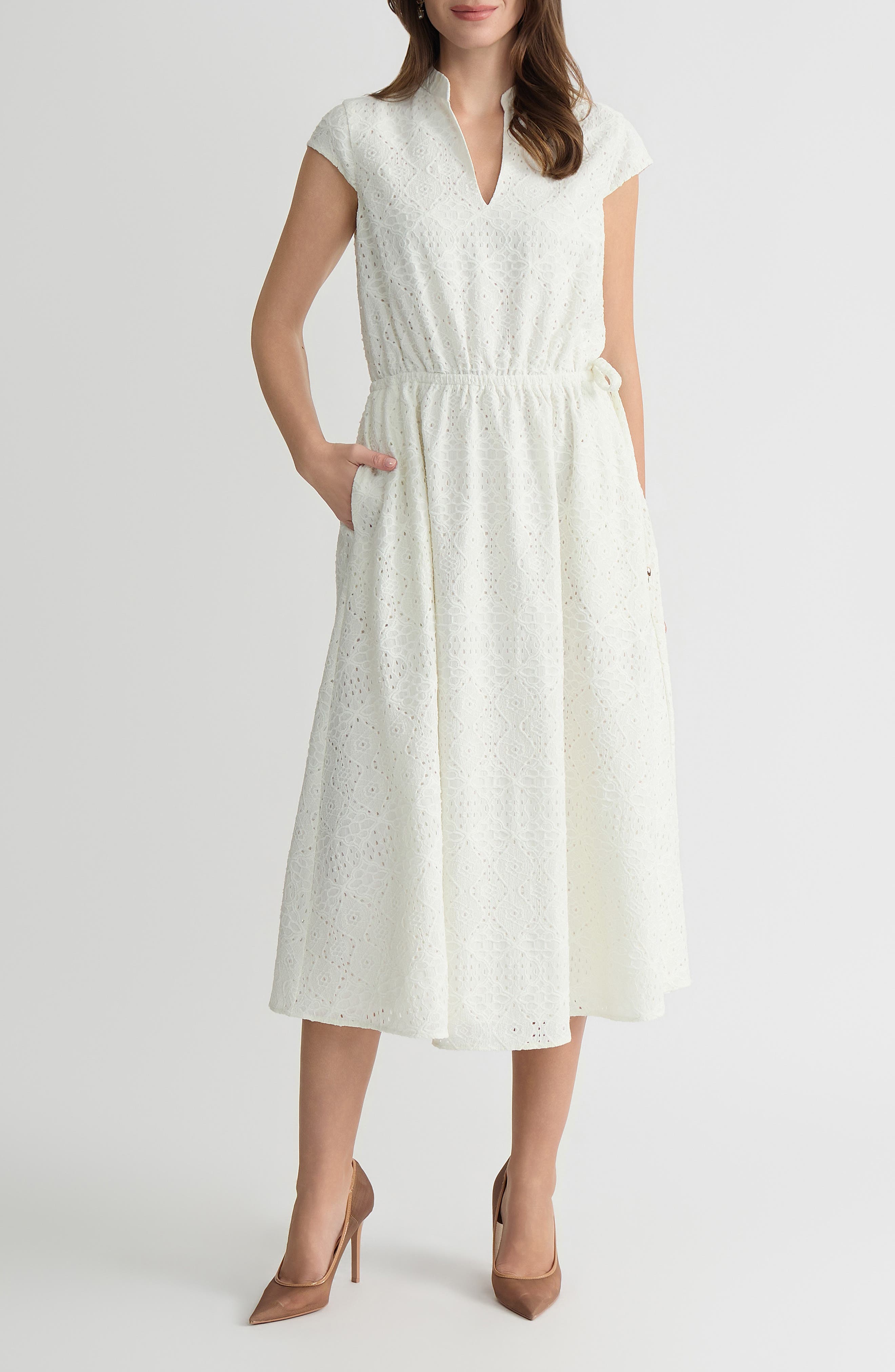 Eyelet Cap Sleeve Midi Dress - image 1