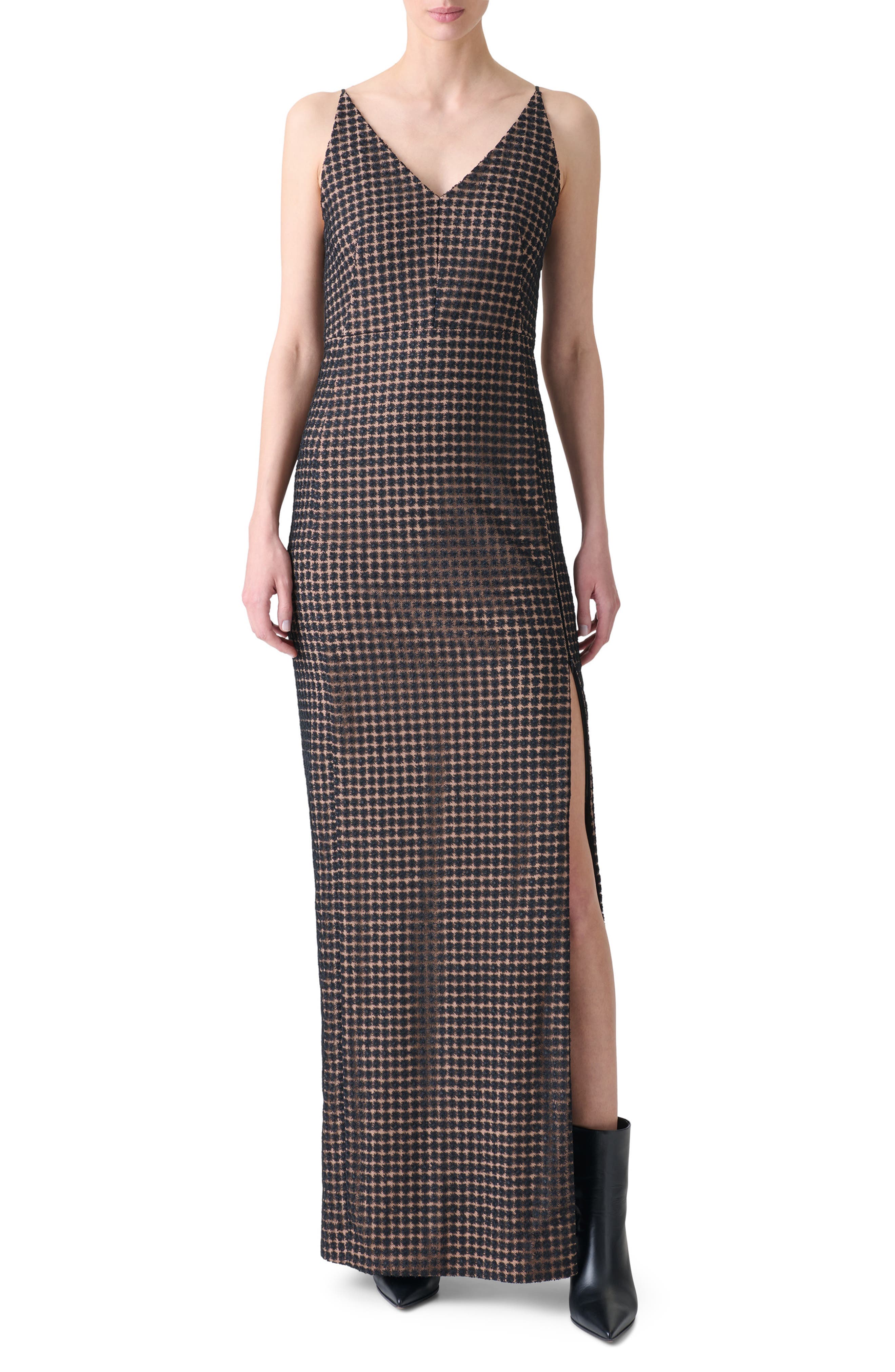 Flower Grid Embroidered Tulle Column Gown - image 1