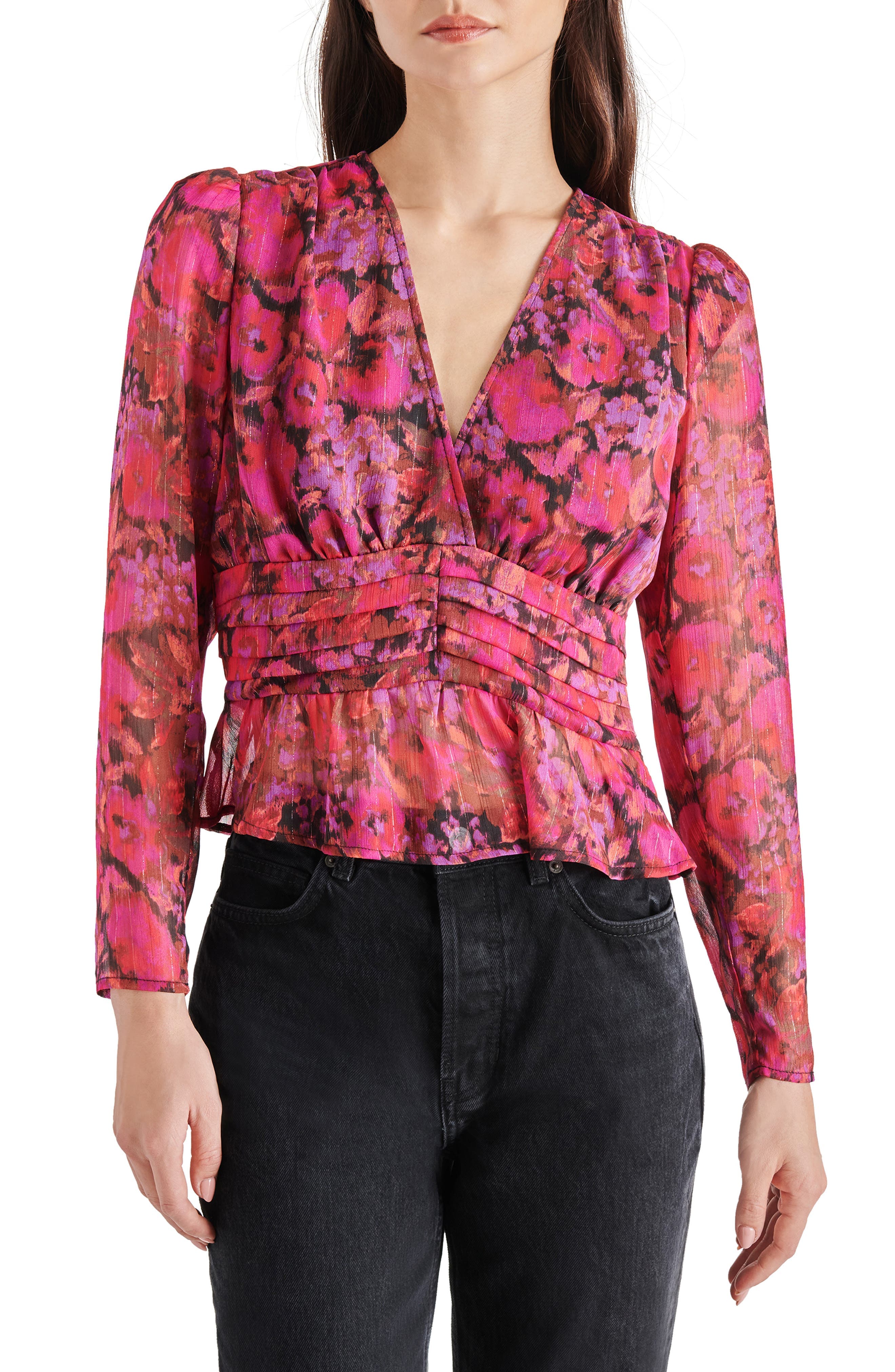Azura Floral Metallic Stripe Chiffon Top - image 1