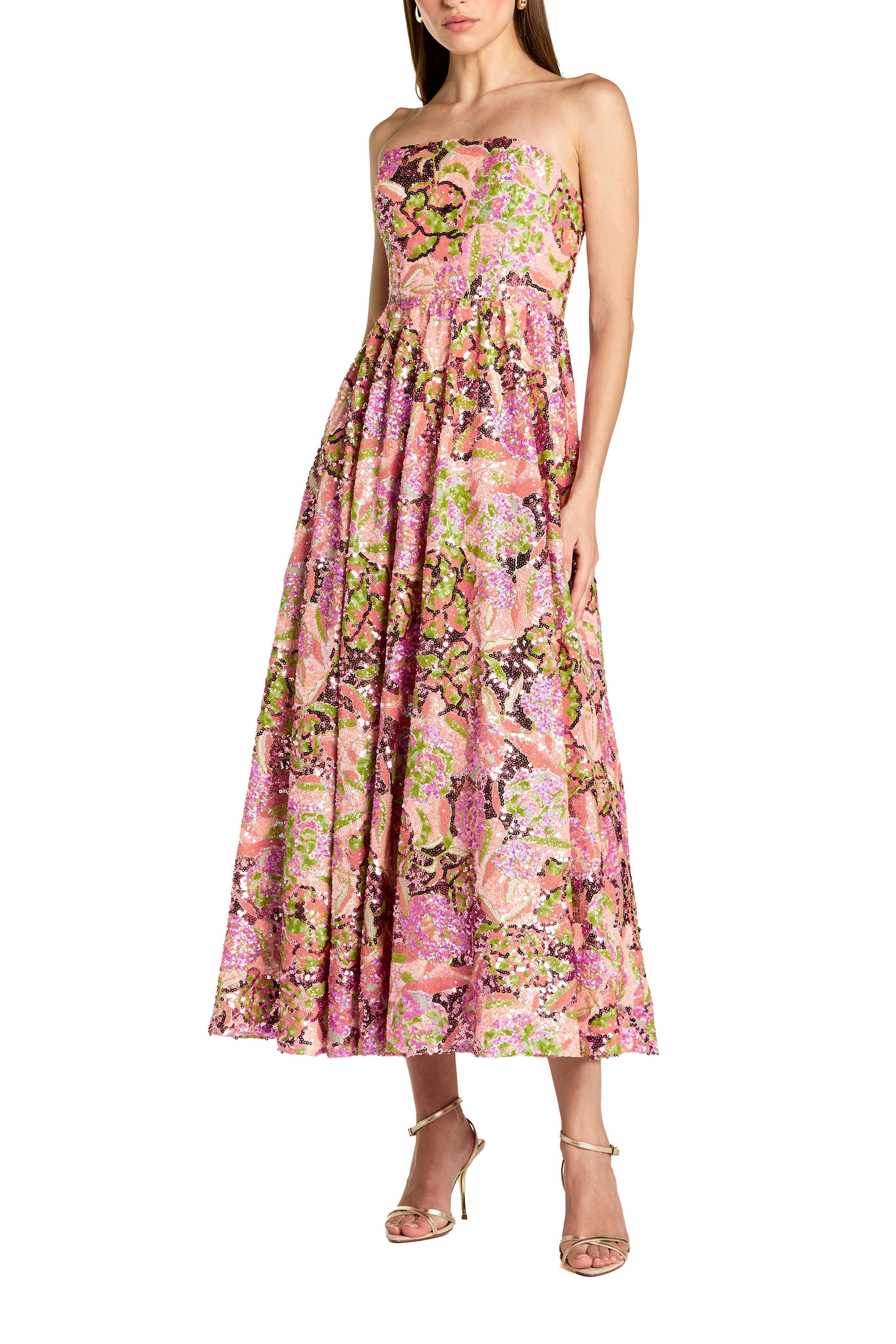 Floral Sequin Strapless A Line Midi Dress - image 1