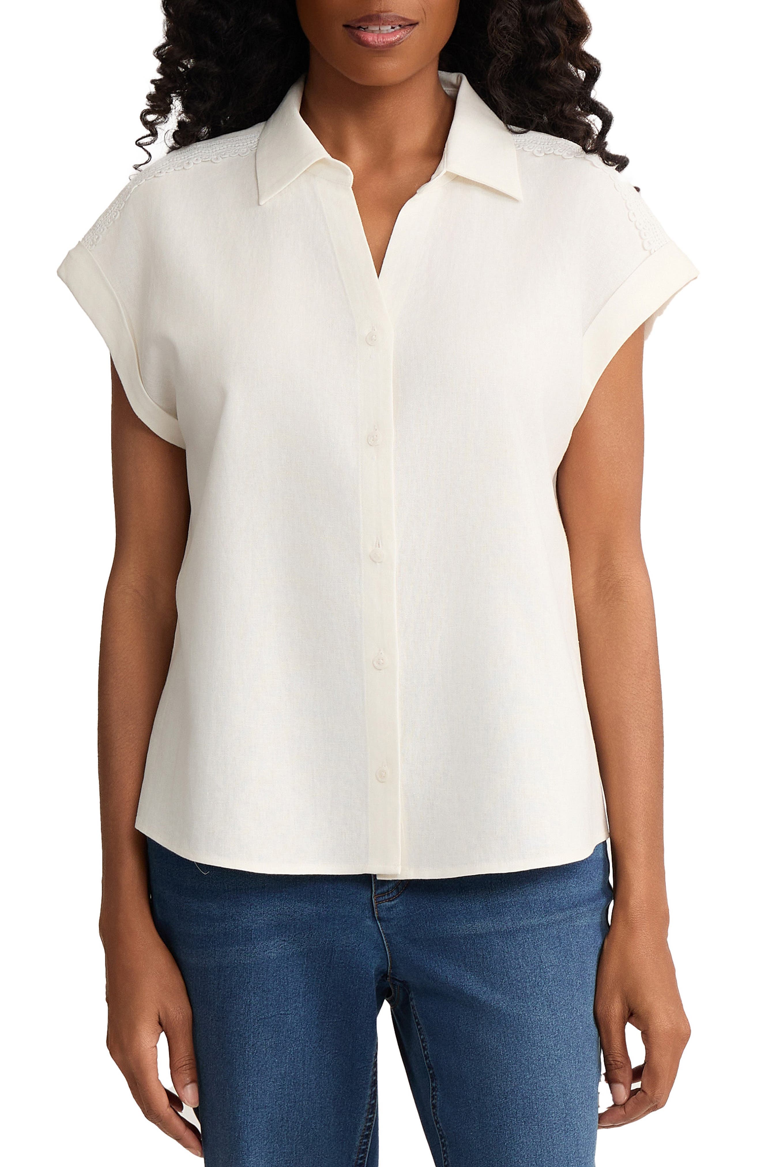 Lace Detail Linen Blend Button-Up Shirt - image 1