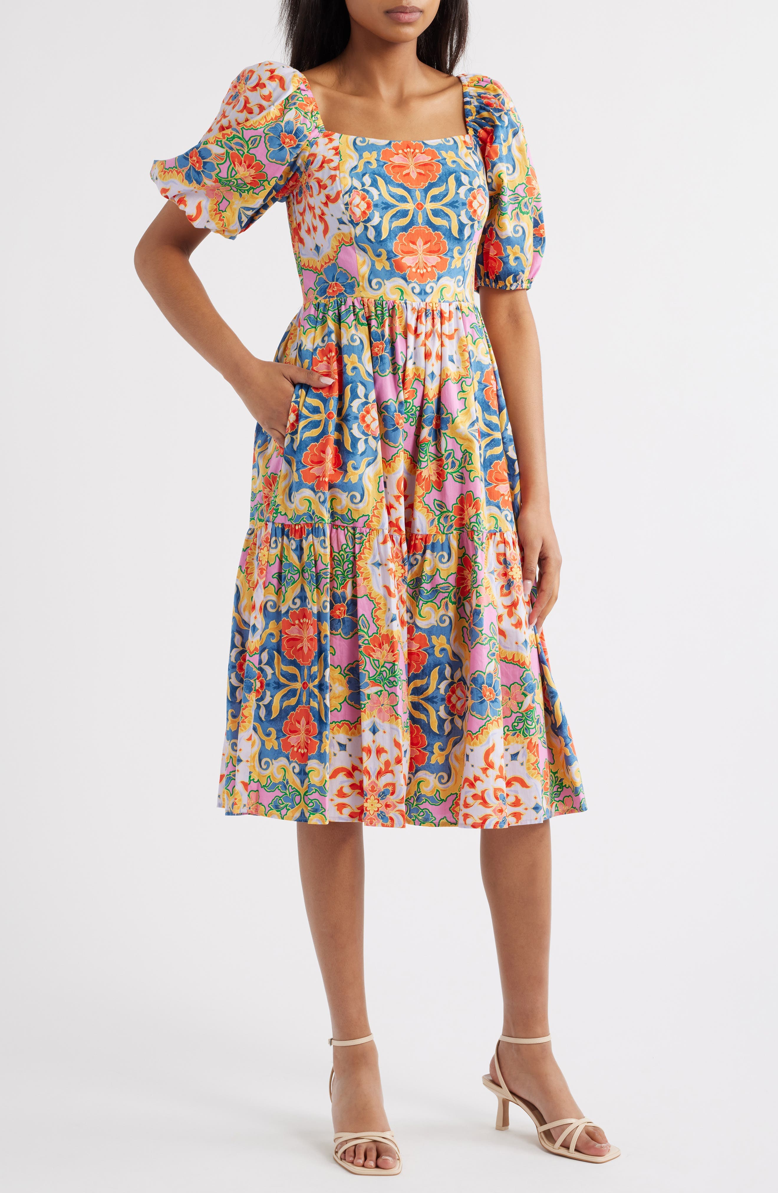 Print Square Neck Puff Sleeve Midi Dress - image 1