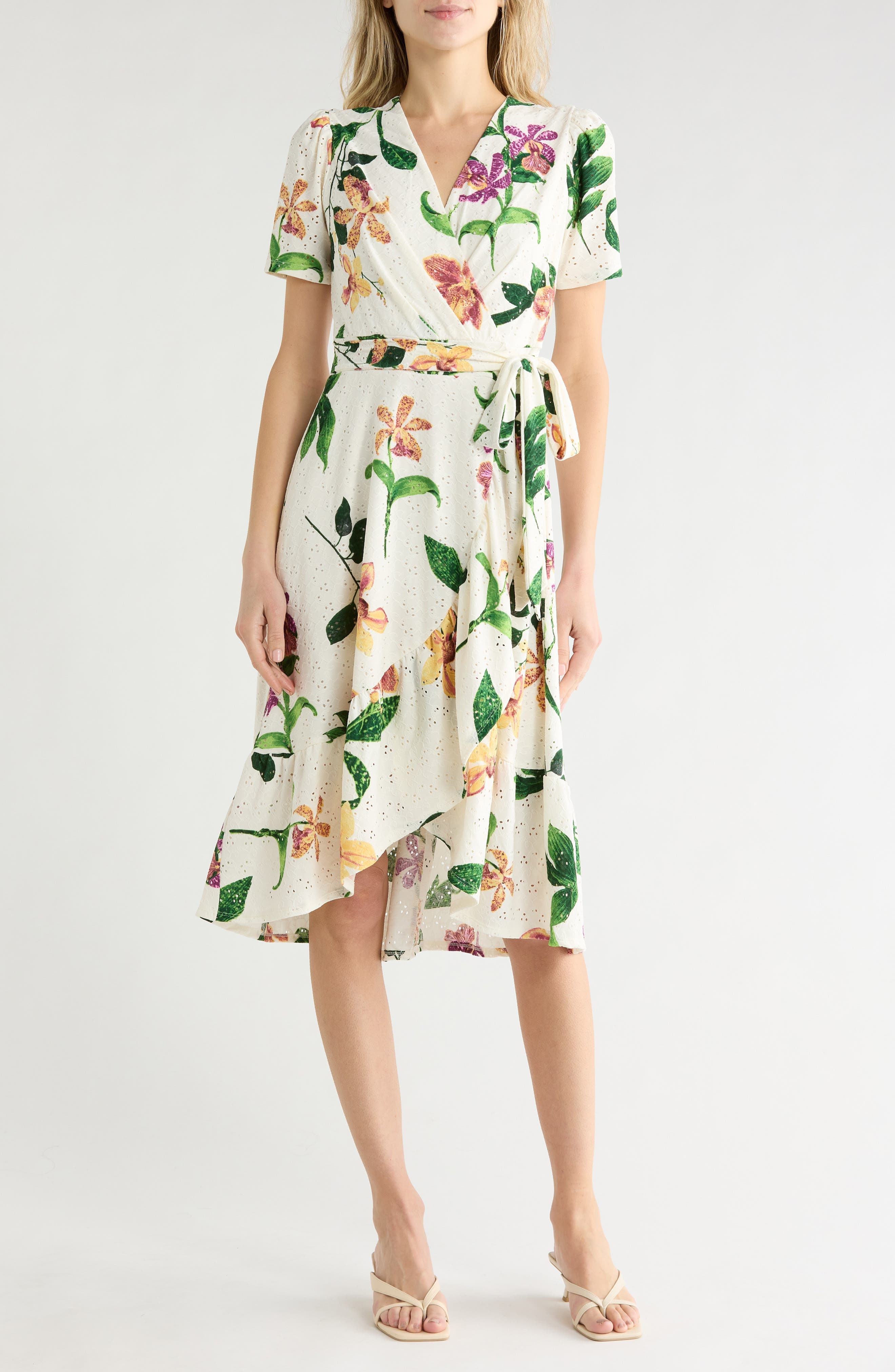 Floral Eyelet Short Sleeve Faux Wrap Dress - image 3