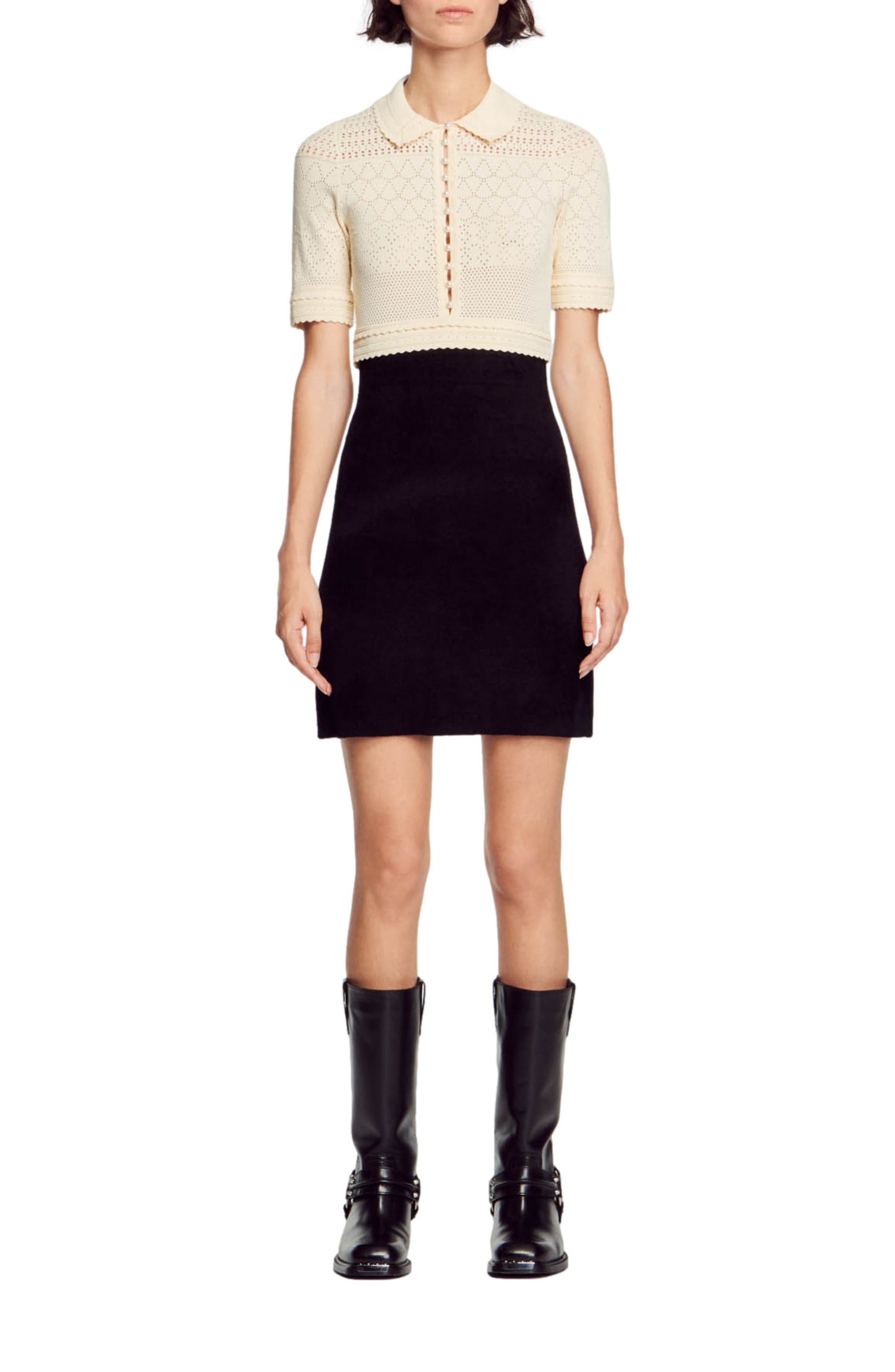 Solene Short Sleeve Sheer Pointelle Crop Sweater - image 1
