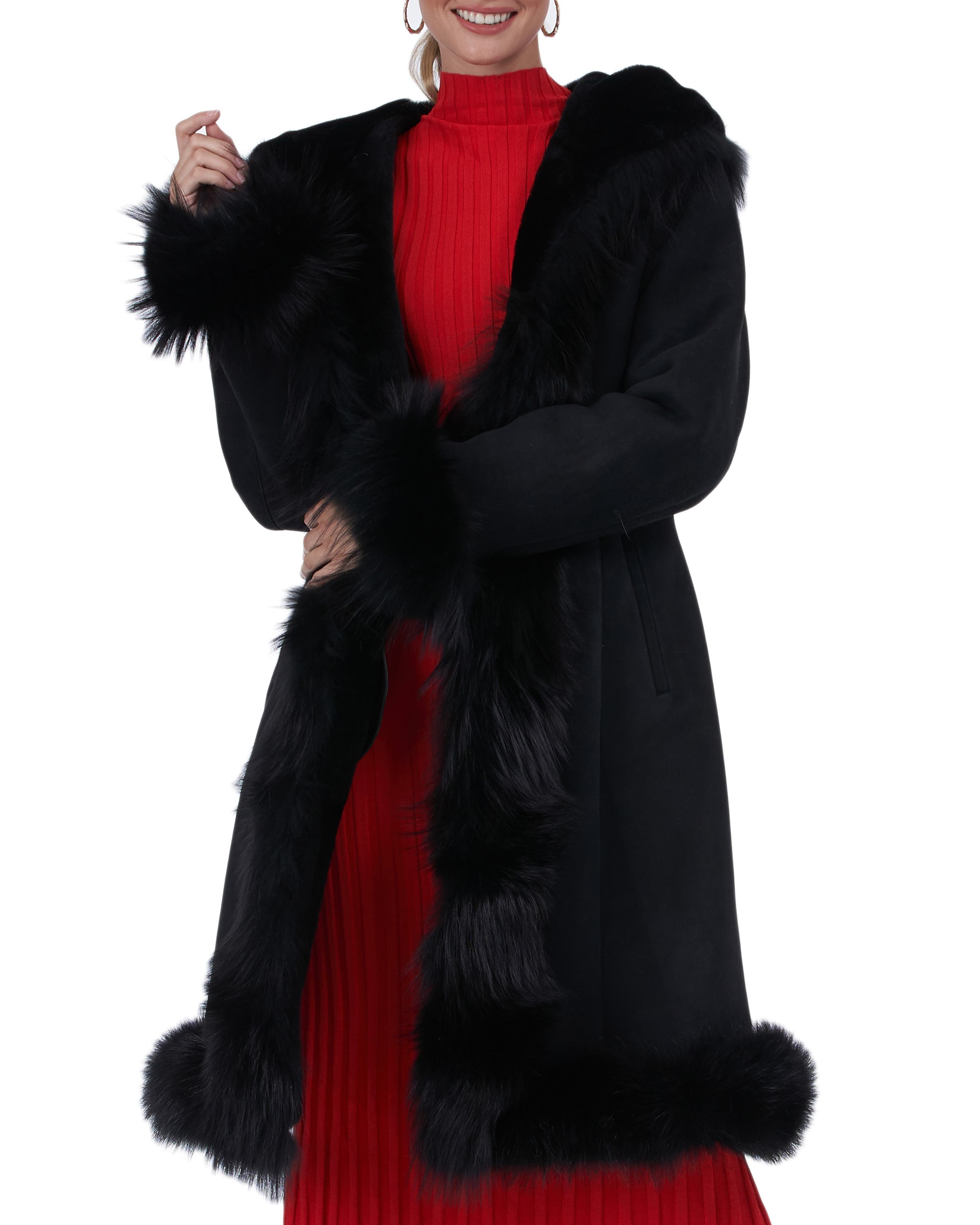 Genuine Shearling Short Coat With Genuine Shearling Tuxedo Collar, Hood Trim, Cuffs & Bottom - image 1