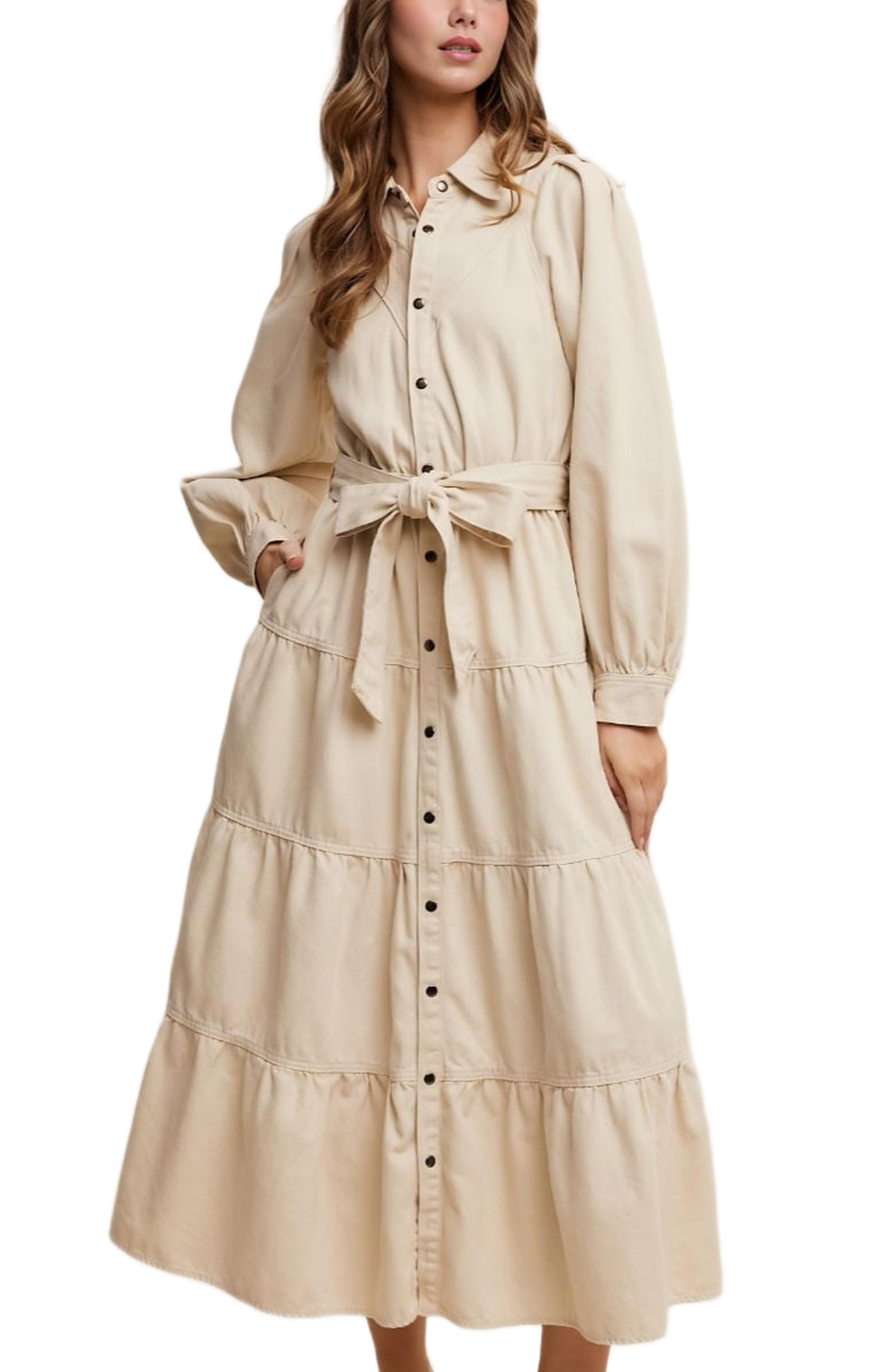 Tiered Belted Bishop Sleeve Maxi Shirt Dress - image 1