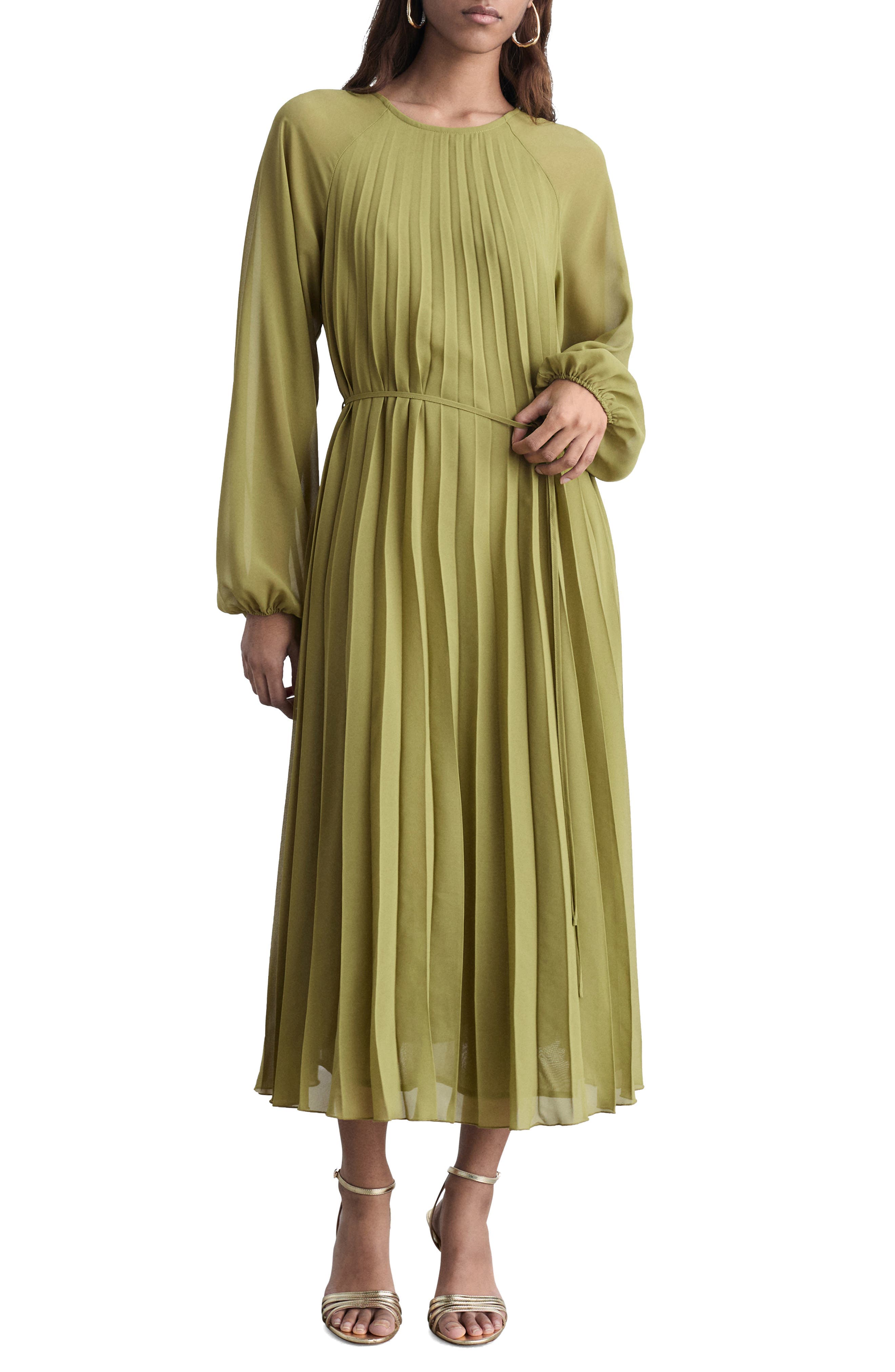 Pleated Long Sleeve Belted Dress - image 1