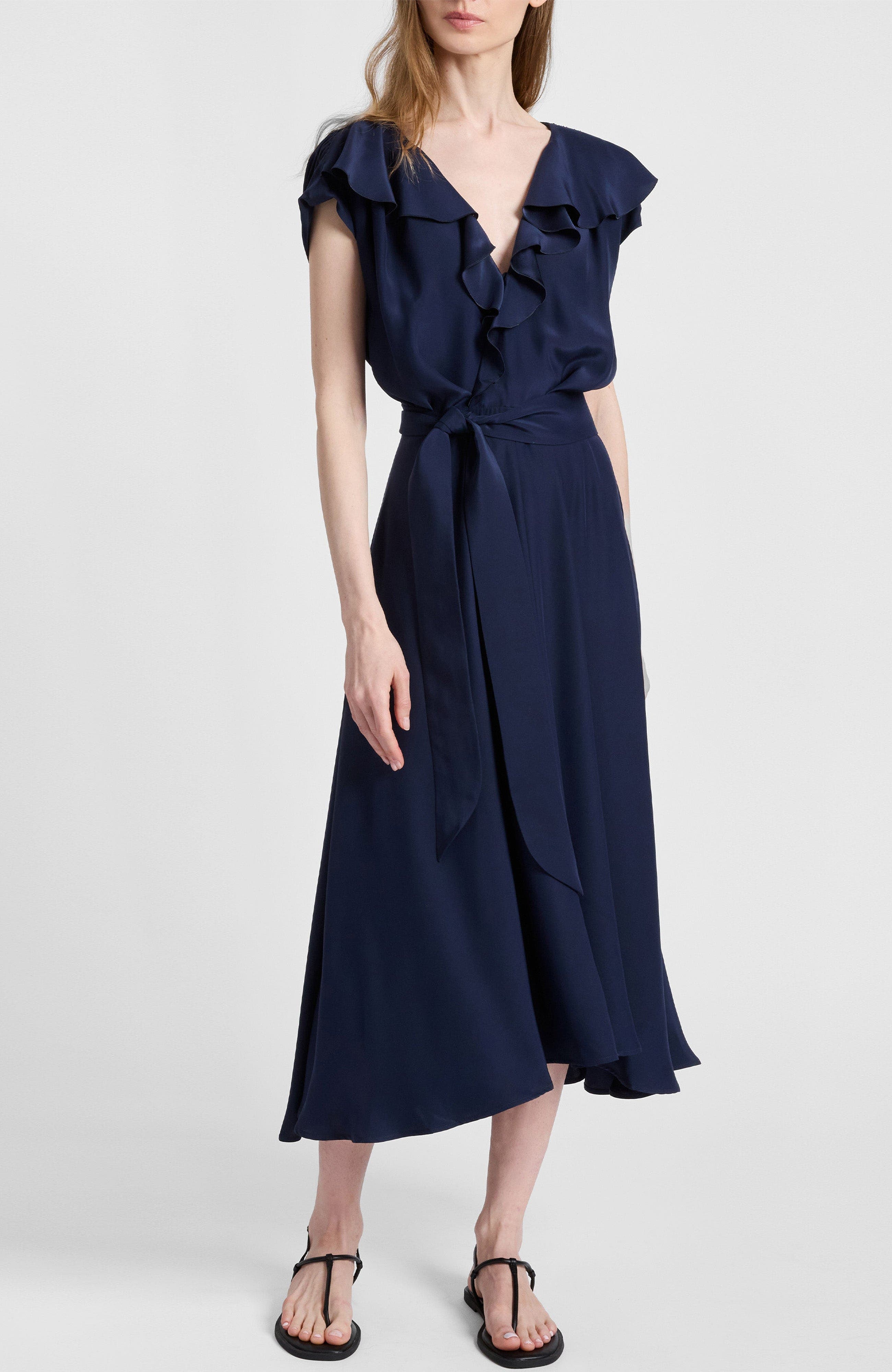 Mandy Ruffled Faux Wrap Silk Midi Dress - image 1