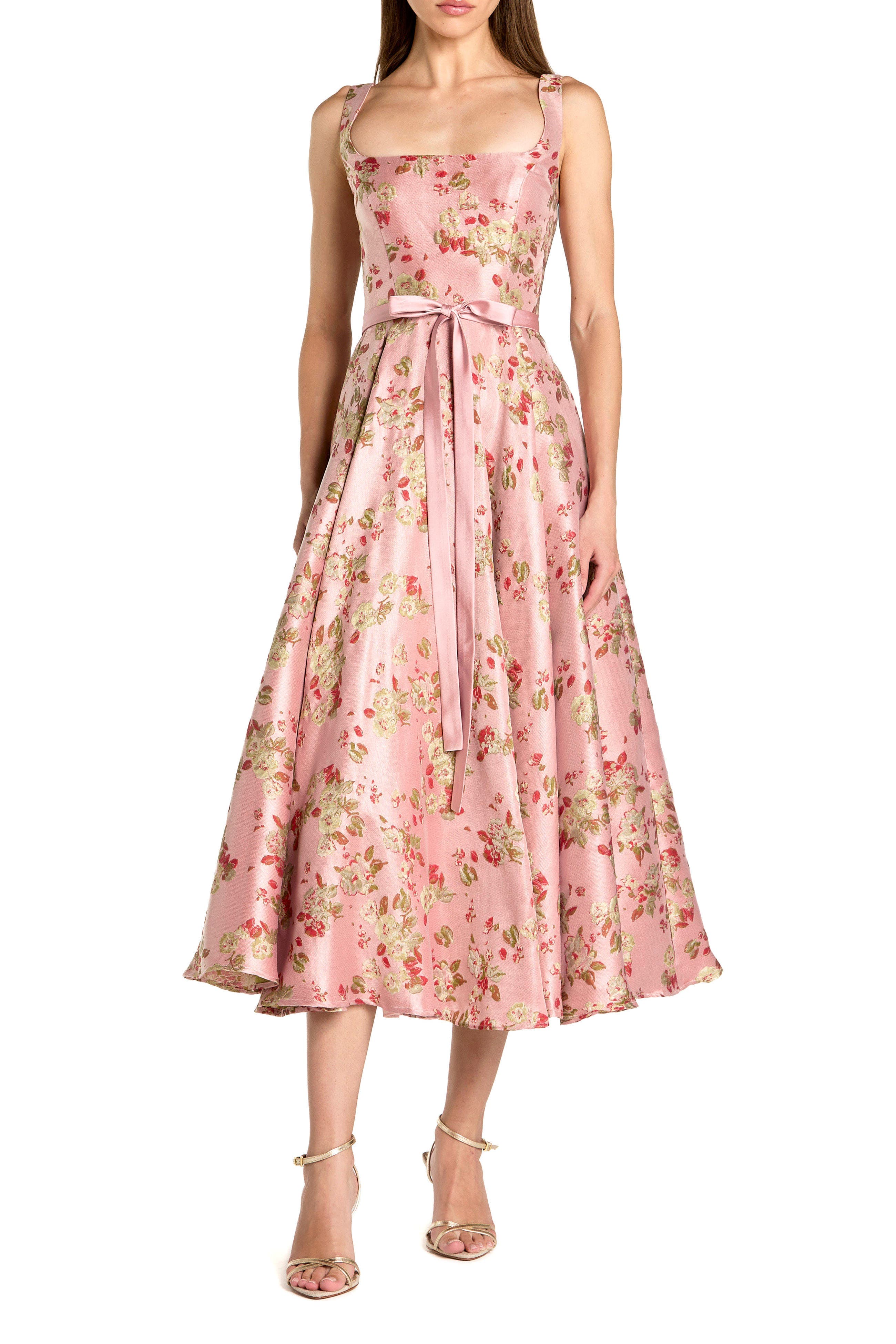 Petite Pink Floral Brocade Square-Neck Midi Dress - image 1