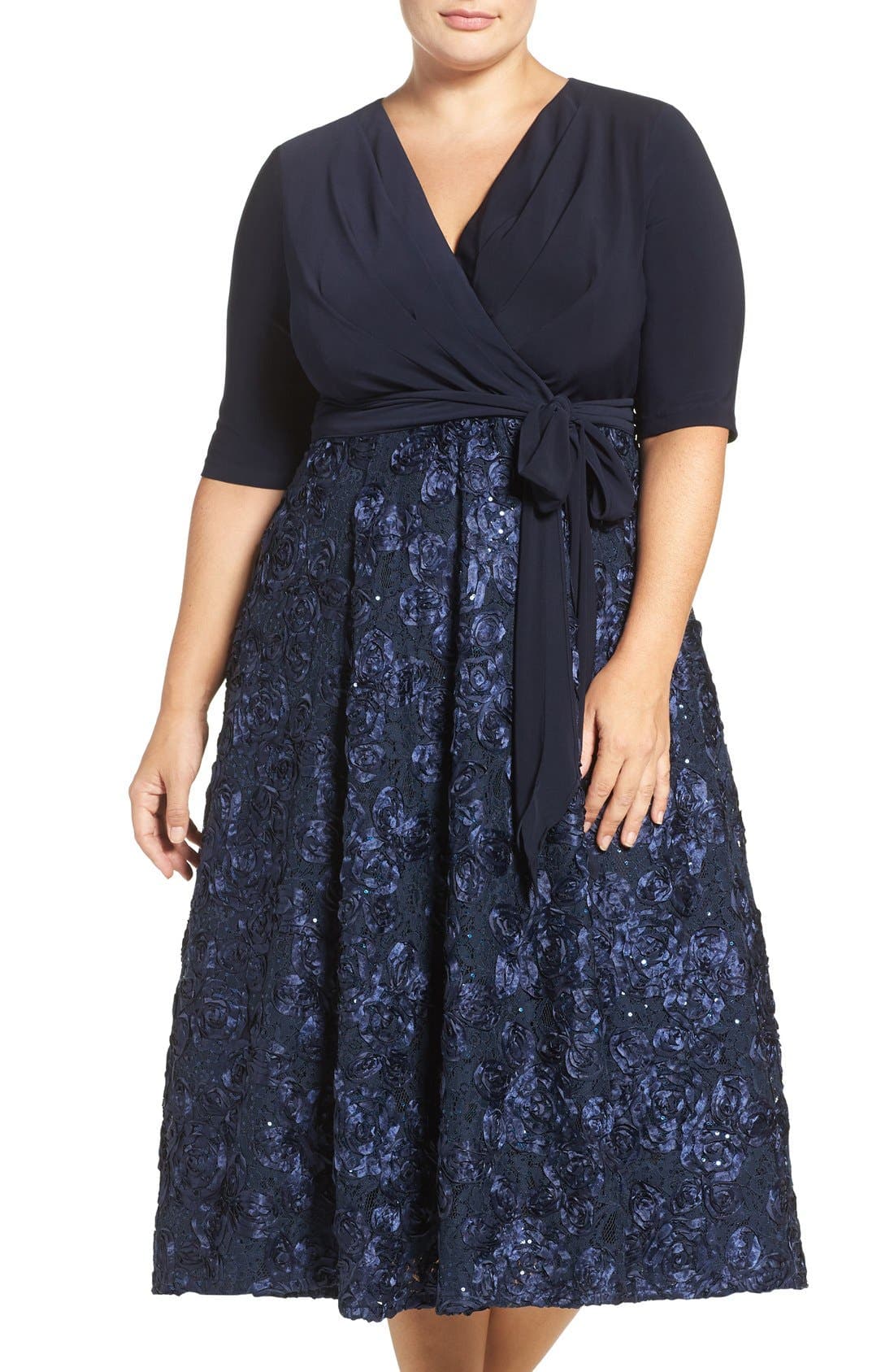 Tea Length Jersey & Rosette Lace Dress - image 1