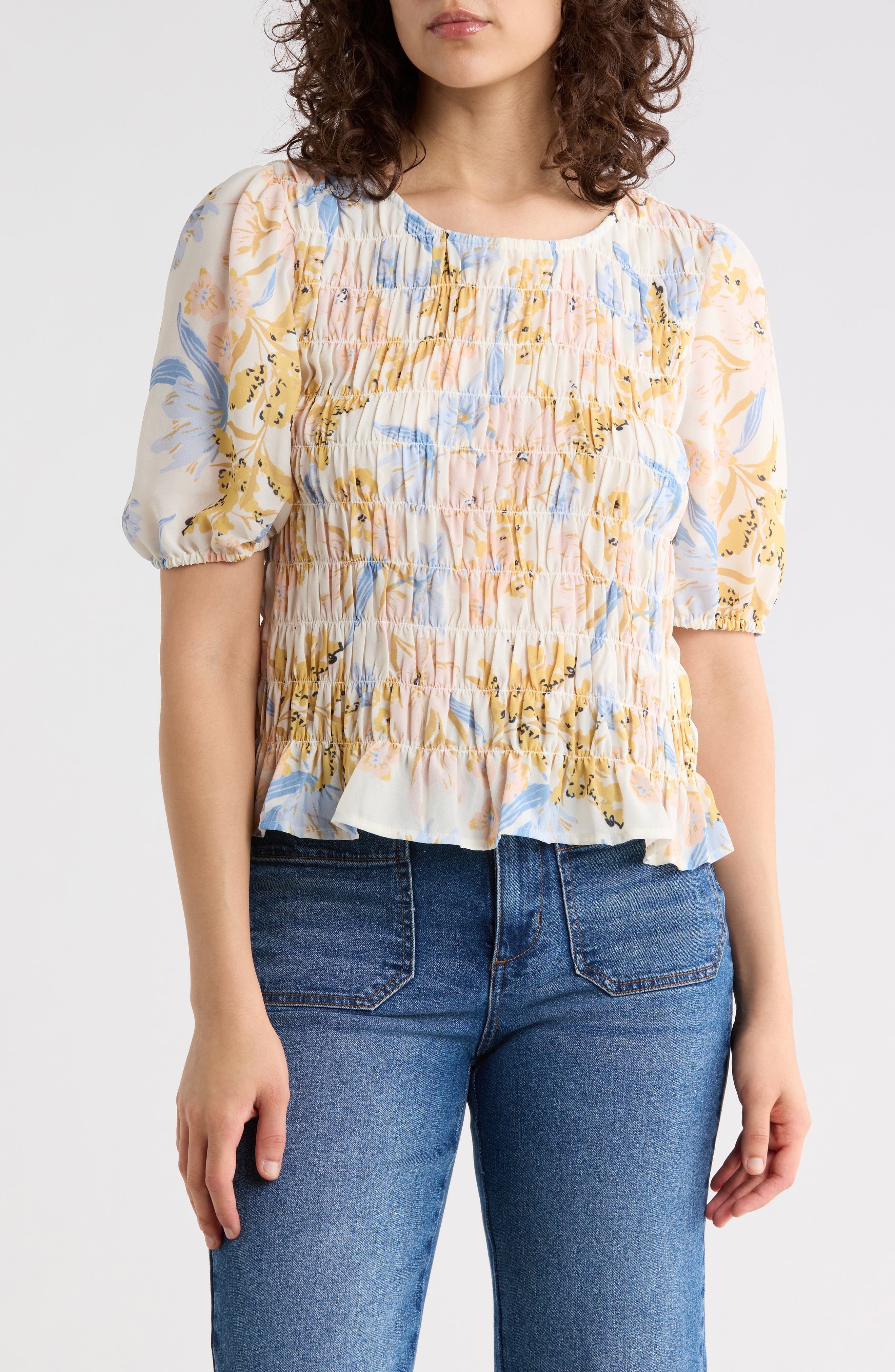 Nanette Smocked Puff Sleeve Recycled Polyester Top - image 1