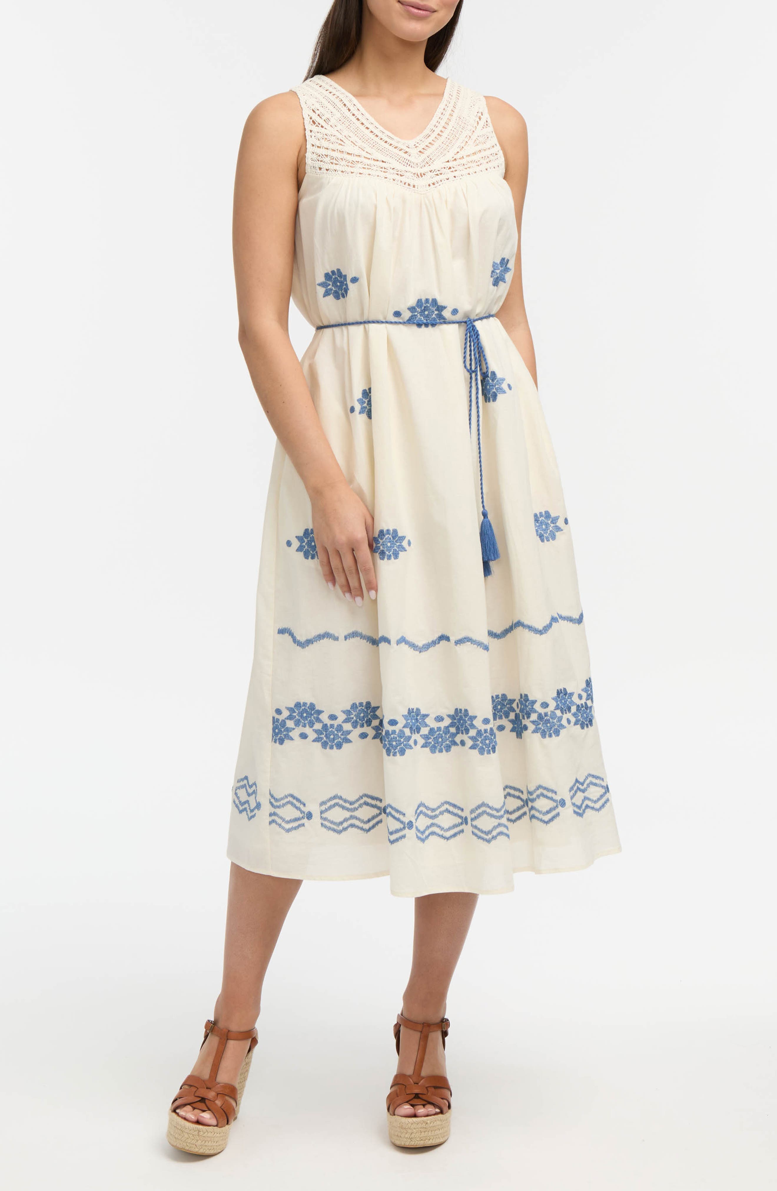 Crochet Trim Embroidered Midi Dress - image 1