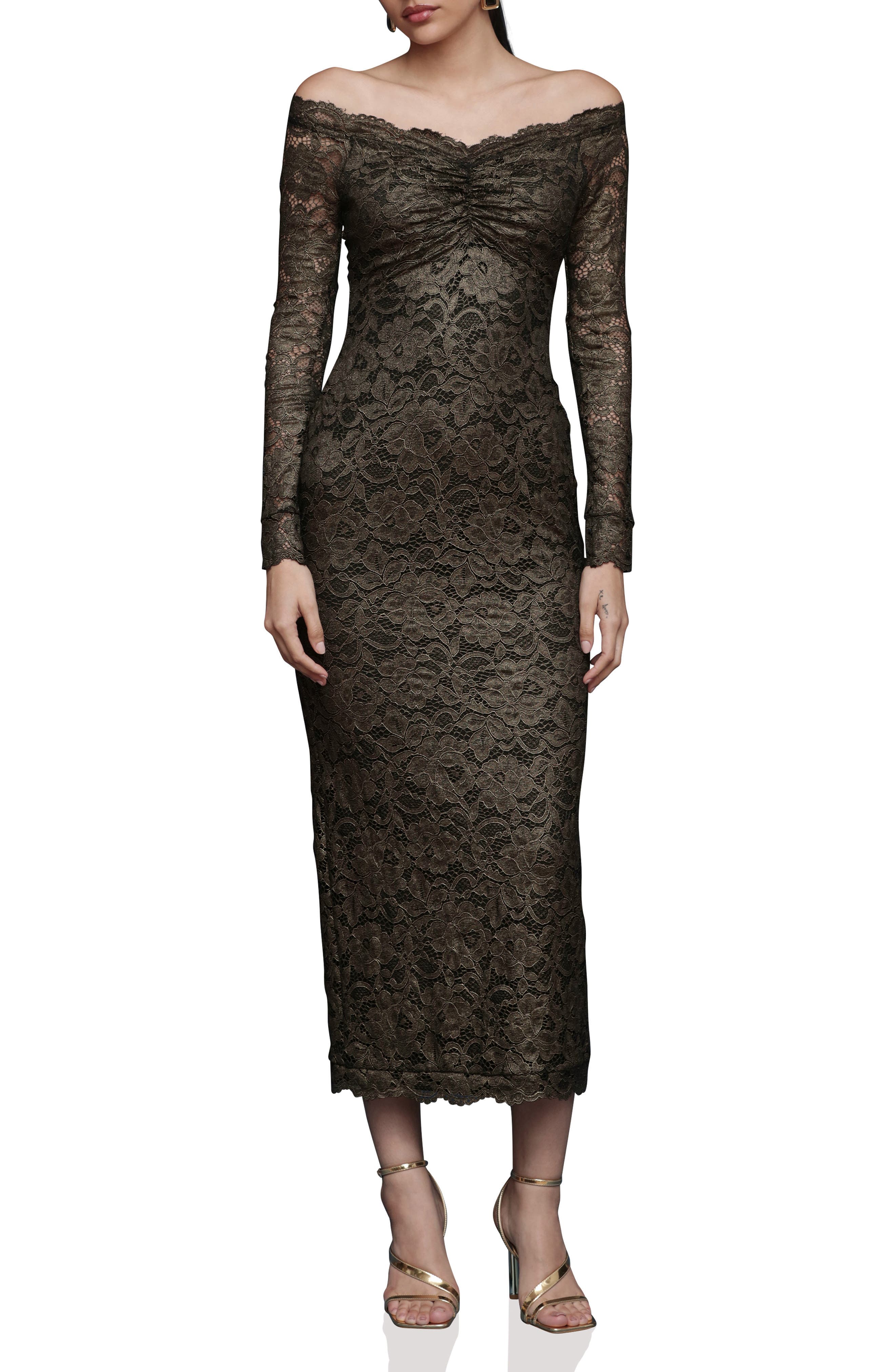 Lace Off the Shoulder Long Sleeve Midi Dress - image 1