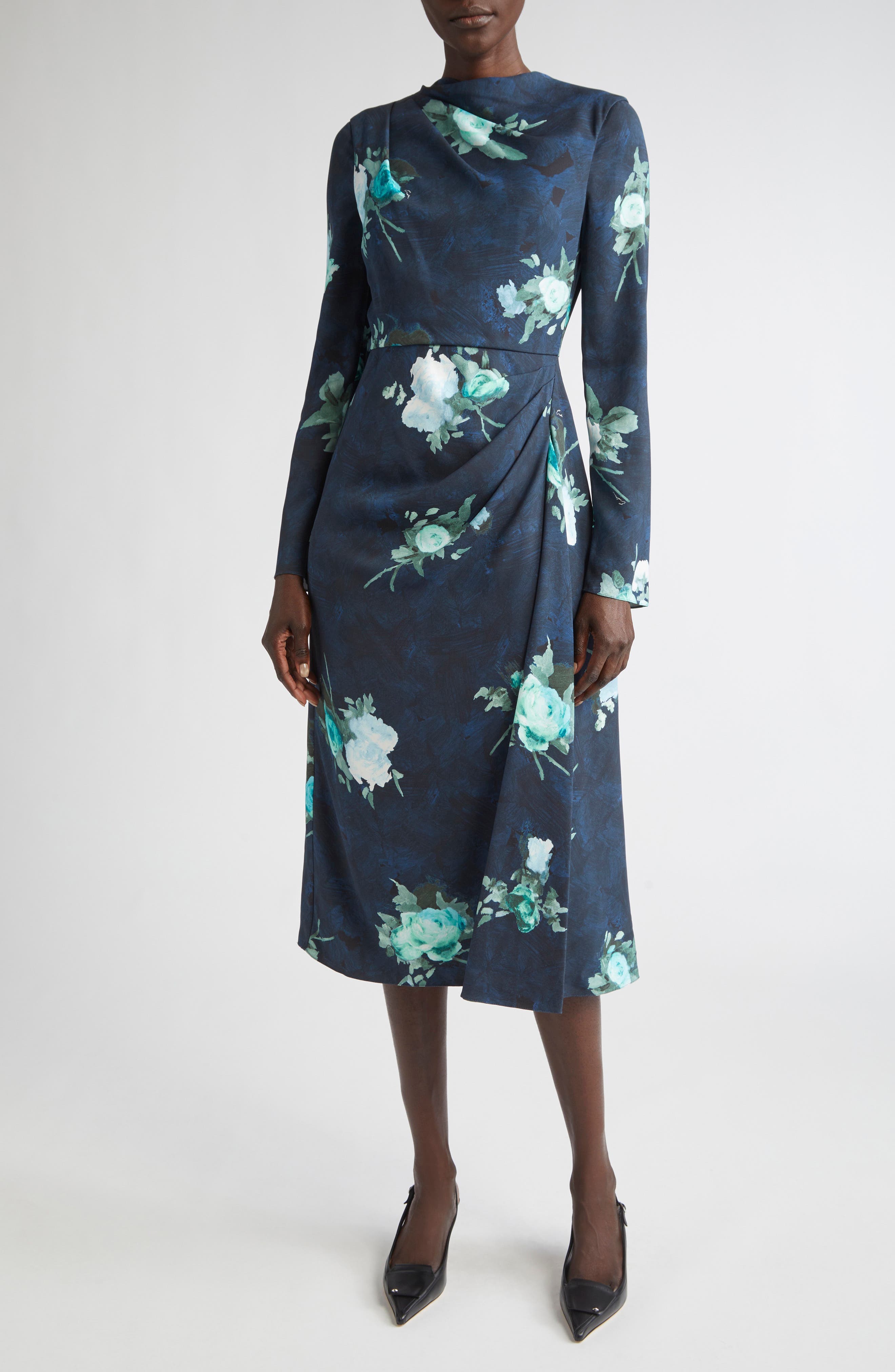 Abstract Rose Print Draped Long Sleeve Stretch Cady Midi Dress - image 1