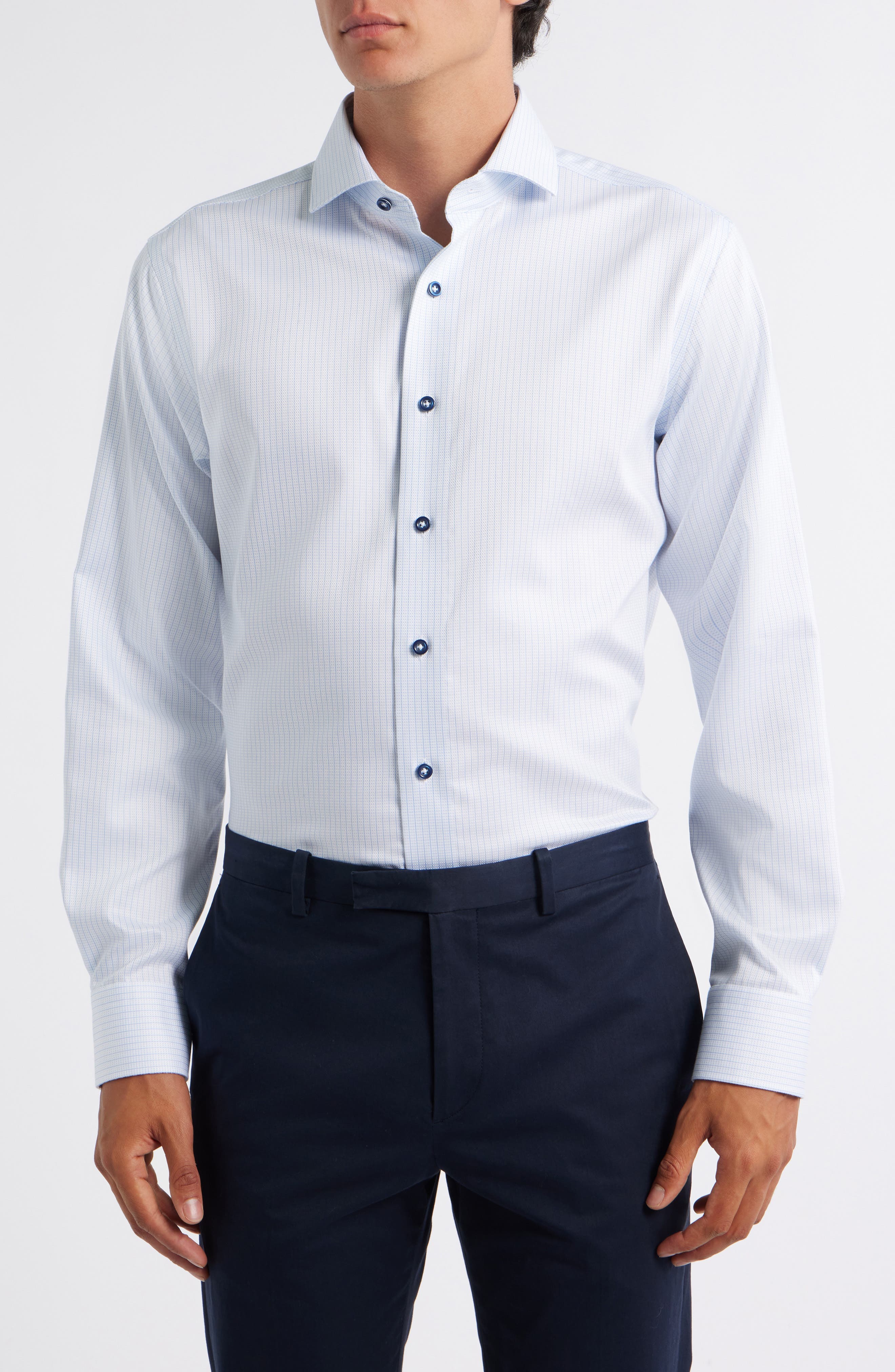 Trim Fit Textured Stripe & Dot Stretch Cotton Dress Shirt - image 1
