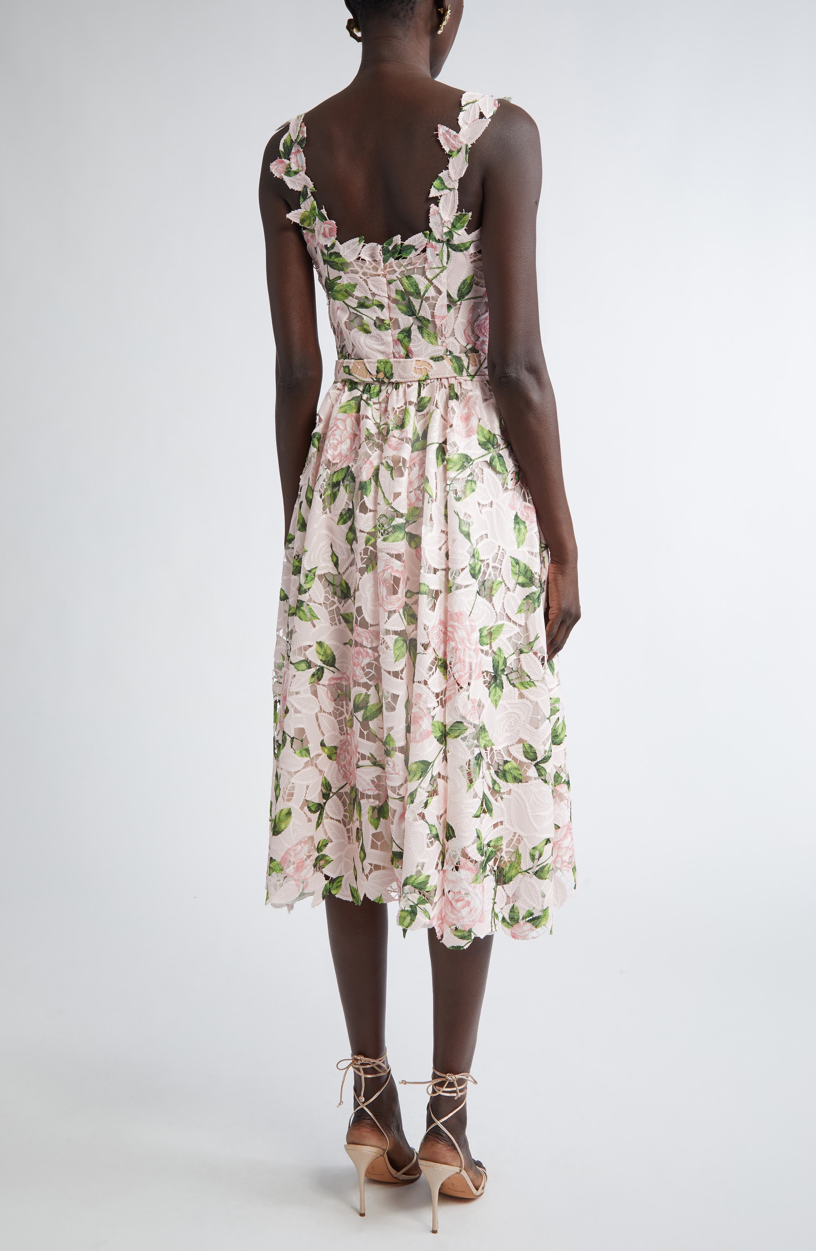 Garden Rose Belted Silk Guipure Lace Midi Dress - image 2