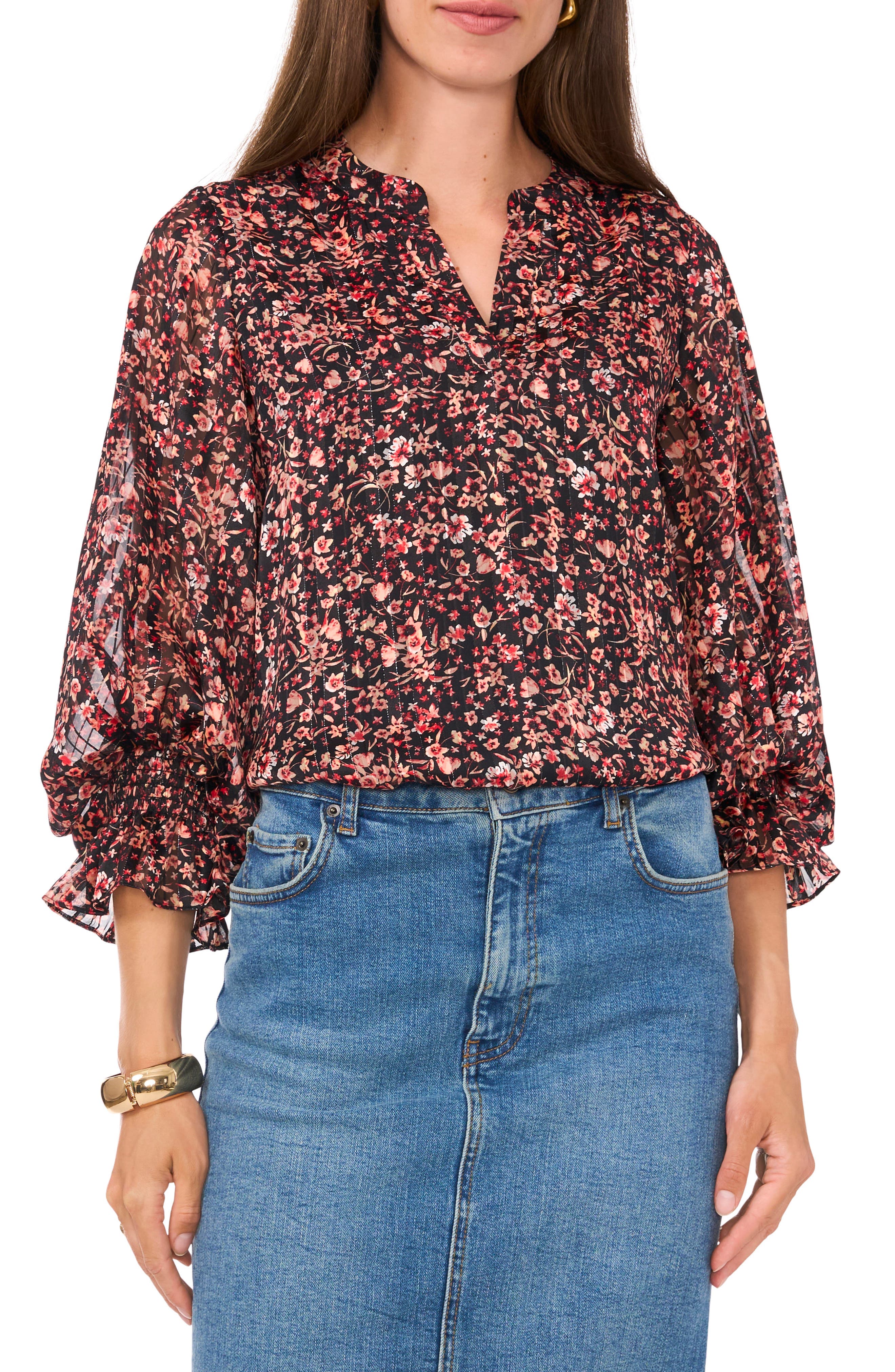 Floral Metallic Split Neck Top - image 1