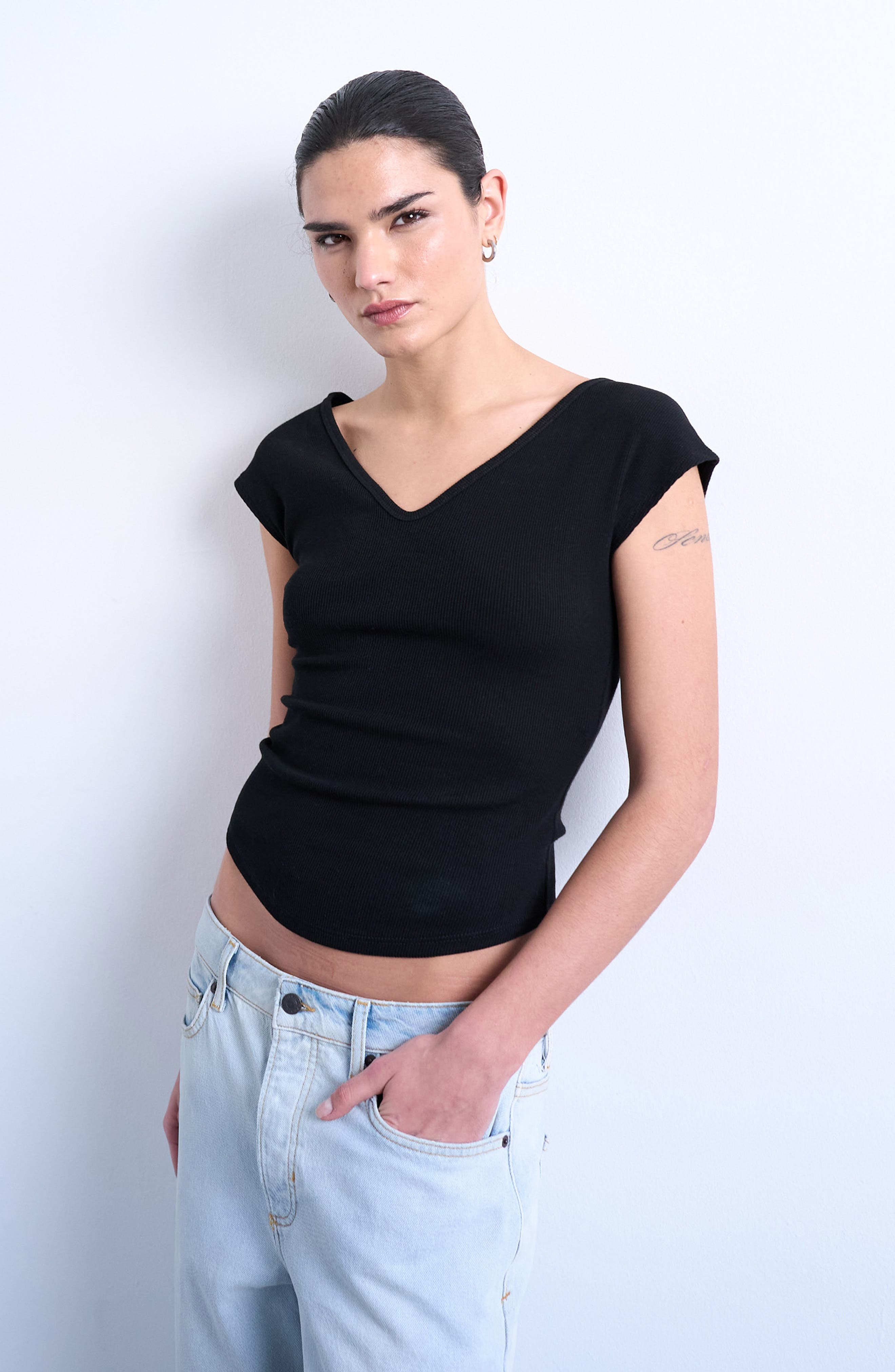 V-Neck Cap Sleeve Crop Stretch Cotton Rib Top - image 1