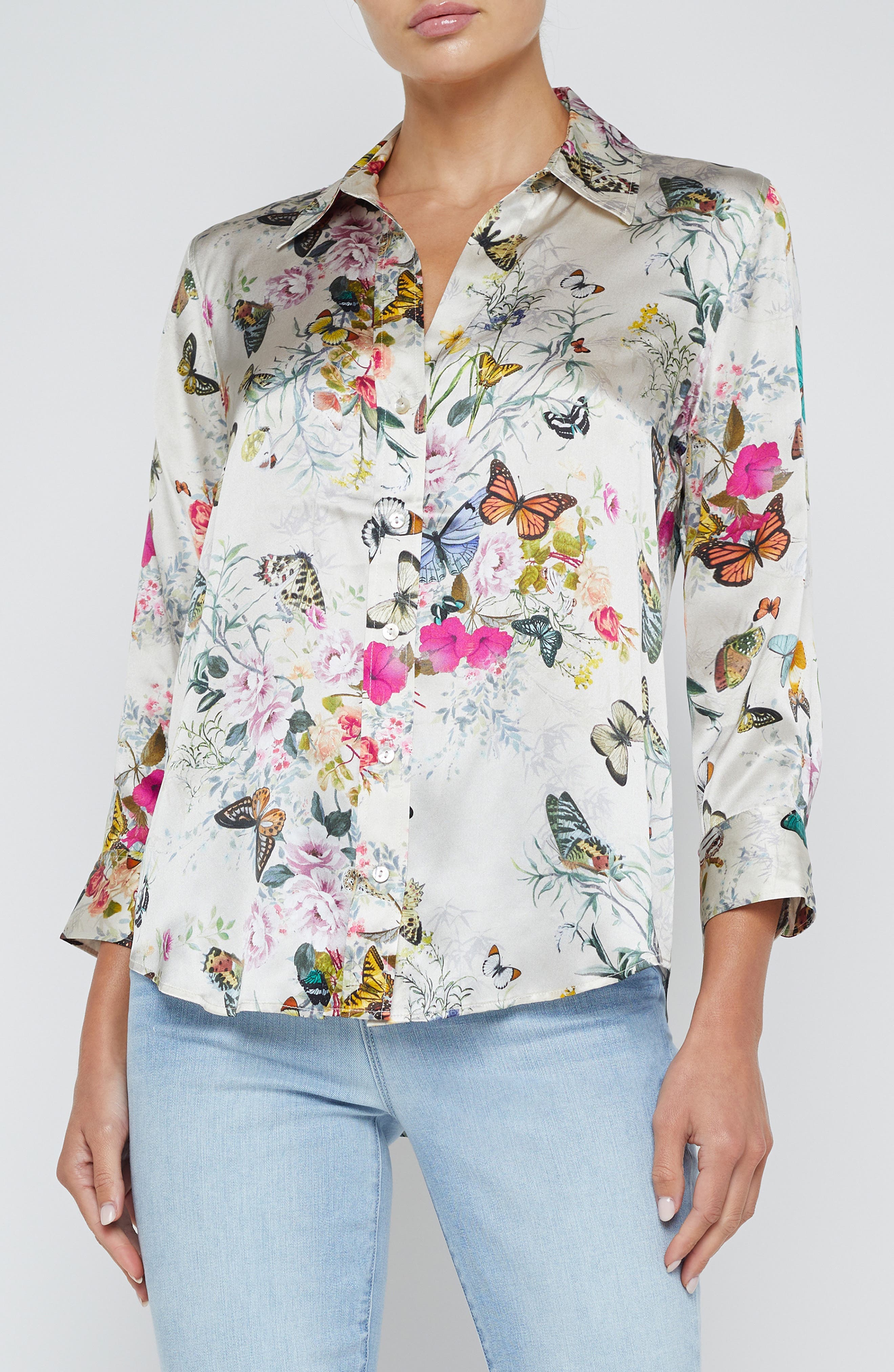 Dani Butterfly Print Silk Button-Up Shirt - image 1