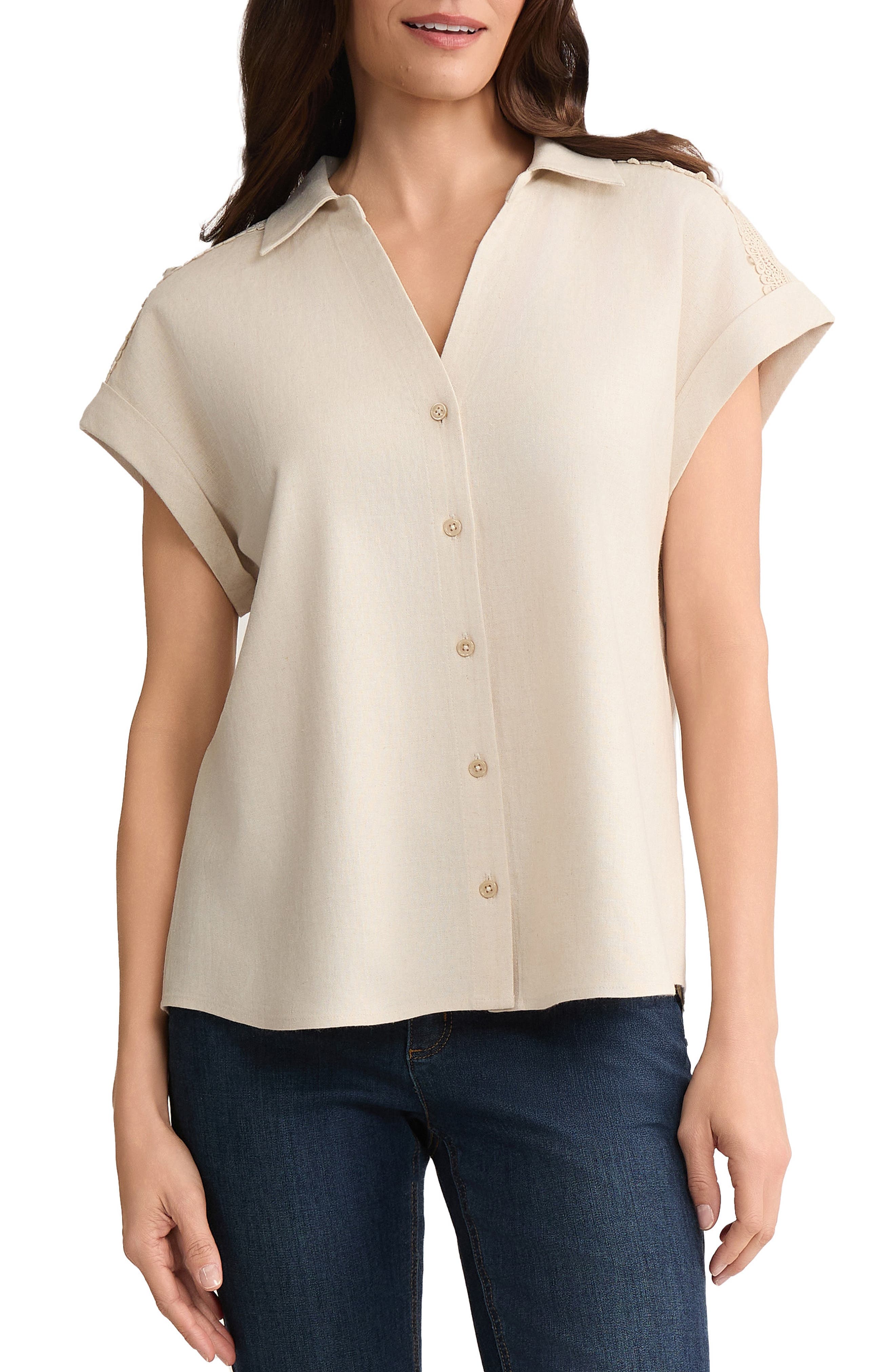 Lace Detail Linen Blend Button-Up Shirt - image 3