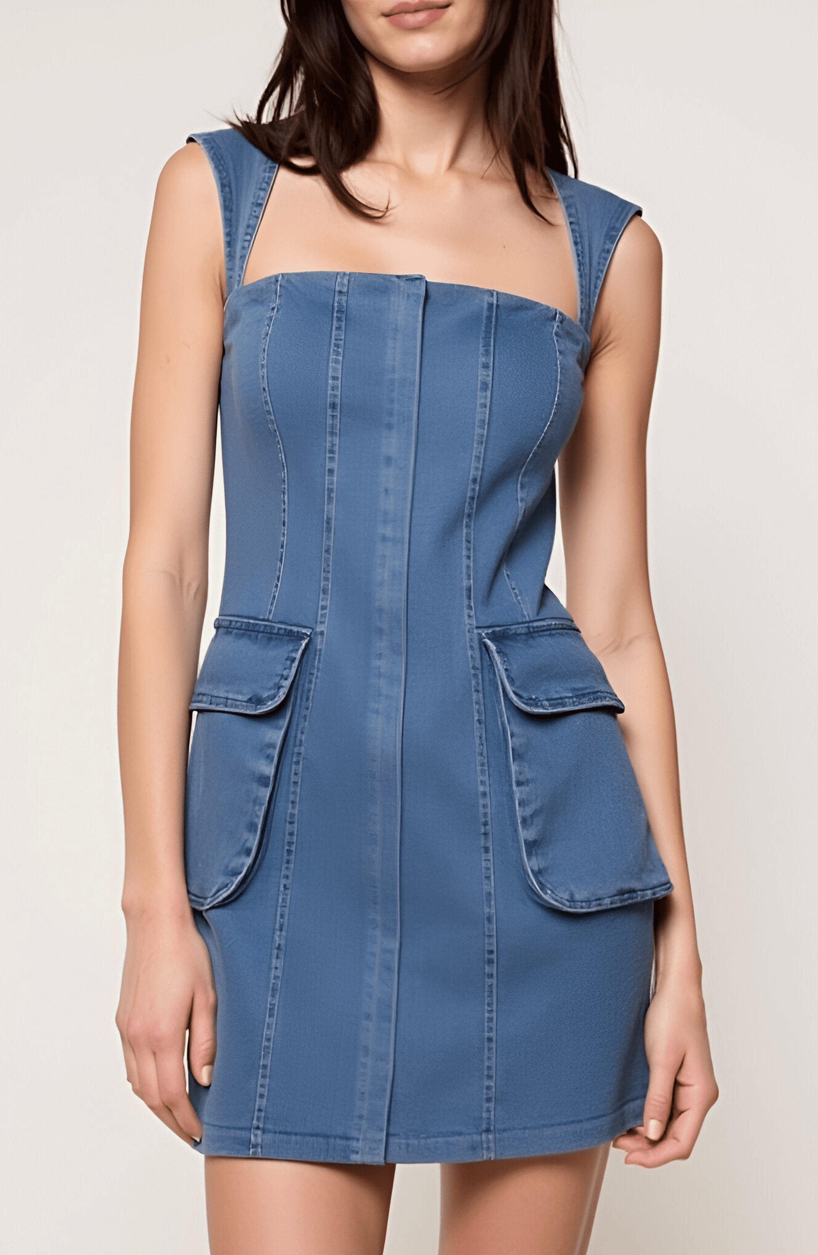 Square Neck Denim Mini Dress with Flap Patch Pockets - image 1